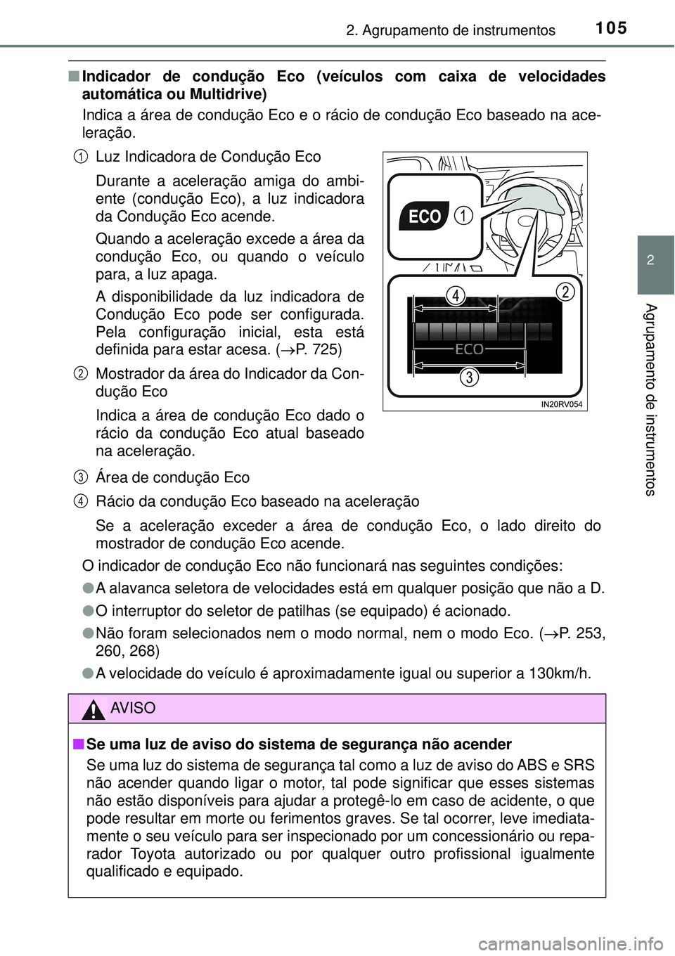 TOYOTA RAV4 2017 Manual de utilização (in Portuguese) 1052. Agrupamento de instrumentos
2
Agrupamento de instrumentos
nIndicador de condução Eco (veículos com caixa de velocidades
automática ou Multidrive)
Indica a área de condução Eco e o rácio TOYOTA RAV4 2017 Manual de utilização (in Portuguese) 1052. Agrupamento de instrumentos
2
Agrupamento de instrumentos
nIndicador de condução Eco (veículos com caixa de velocidades
automática ou Multidrive)
Indica a área de condução Eco e o rácio