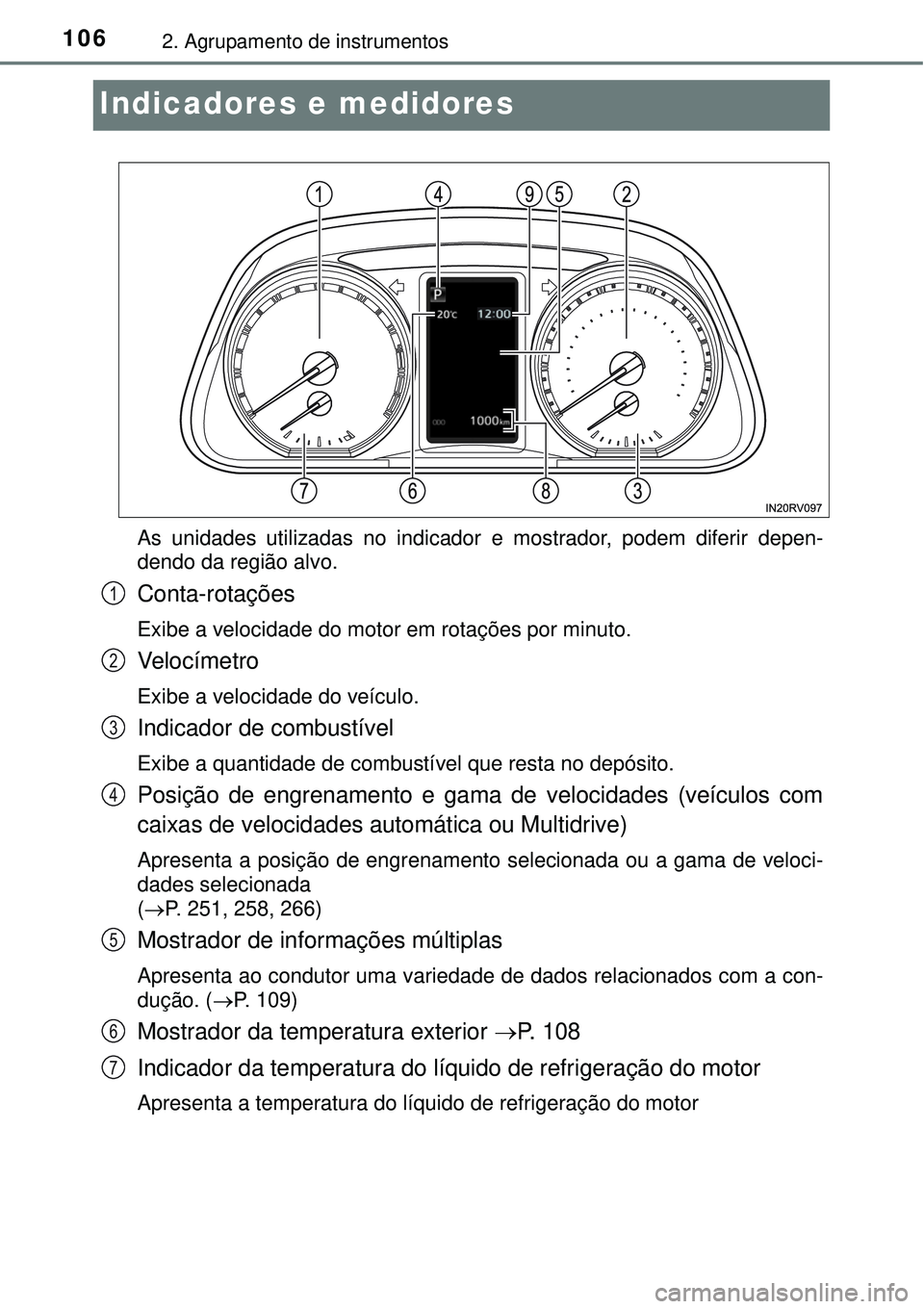 TOYOTA RAV4 2017 Manual de utilização (in Portuguese) 1062. Agrupamento de instrumentos
Indicadores e medidores
As unidades utilizadas no indicador e mostrador, podem diferir depen-
dendo da região alvo.
Conta-rotações
Exibe a velocidade do motor em r TOYOTA RAV4 2017 Manual de utilização (in Portuguese) 1062. Agrupamento de instrumentos
Indicadores e medidores
As unidades utilizadas no indicador e mostrador, podem diferir depen-
dendo da região alvo.
Conta-rotações
Exibe a velocidade do motor em r