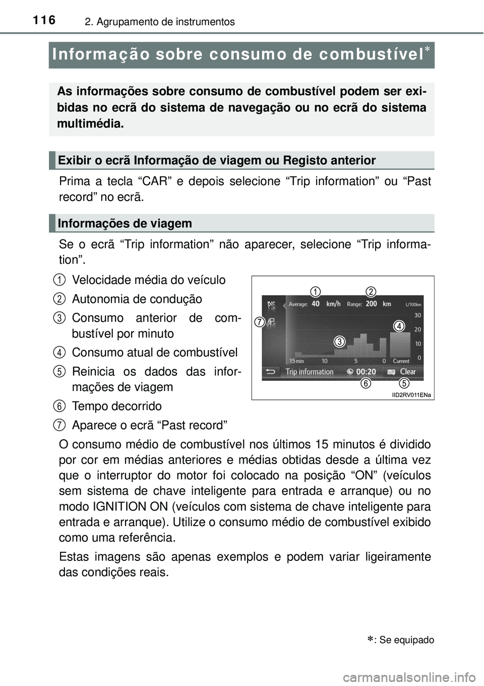 TOYOTA RAV4 2017 Manual de utilização (in Portuguese) 1162. Agrupamento de instrumentos
Informação sobre consumo de combustível
Prima a tecla “CAR” e depois selecione “Trip information” ou “Past
record” no ecrã.
Se o ecrã “Trip info TOYOTA RAV4 2017 Manual de utilização (in Portuguese) 1162. Agrupamento de instrumentos
Informação sobre consumo de combustível
Prima a tecla “CAR” e depois selecione “Trip information” ou “Past
record” no ecrã.
Se o ecrã “Trip info