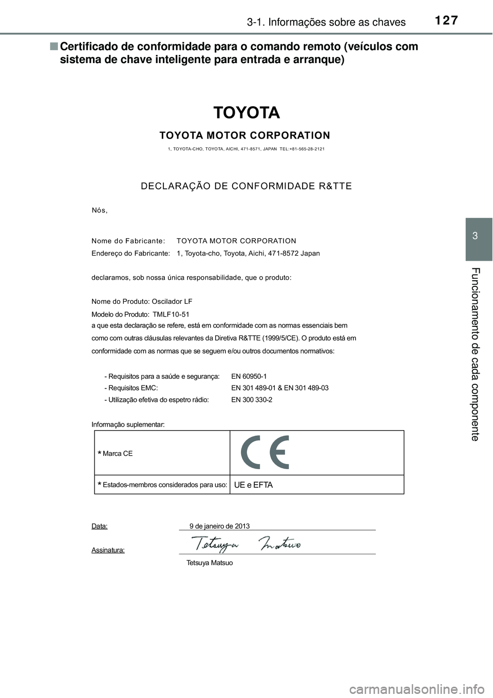 TOYOTA RAV4 2017 Manual de utilização (in Portuguese) 1273-1. Informações sobre as chaves
3
Funcionamento de cada componente
nCertificado de conformidade para o comando remoto (veículos com
sistema de chave inteligente para entrada e arranque)
TOYOTA TOYOTA RAV4 2017 Manual de utilização (in Portuguese) 1273-1. Informações sobre as chaves
3
Funcionamento de cada componente
nCertificado de conformidade para o comando remoto (veículos com
sistema de chave inteligente para entrada e arranque)
TOYOTA