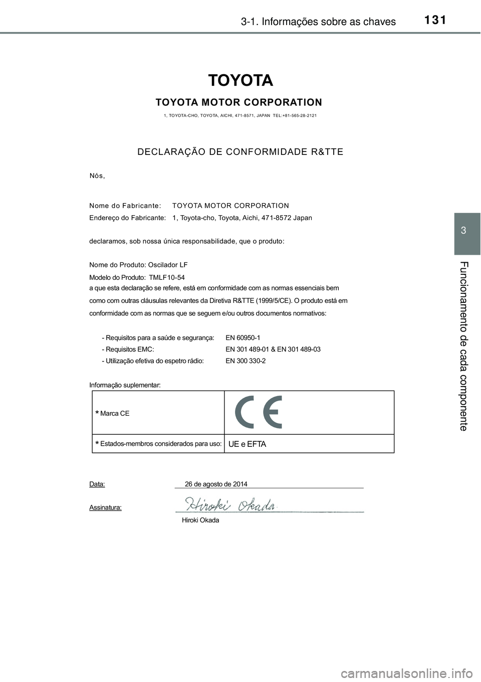 TOYOTA RAV4 2017  Manual de utilização (in Portuguese) 1313-1. Informações sobre as chaves
3
Funcionamento de cada componente 
TOYOTA
TOYOTA MOTOR CORPORATION1, TOYOTA-CHO, TOYOTA, AICHI, 471-8571, JAPAN  TEL:+81-565-28-2121
DECLARAÇÃO DE CONFORMIDADE