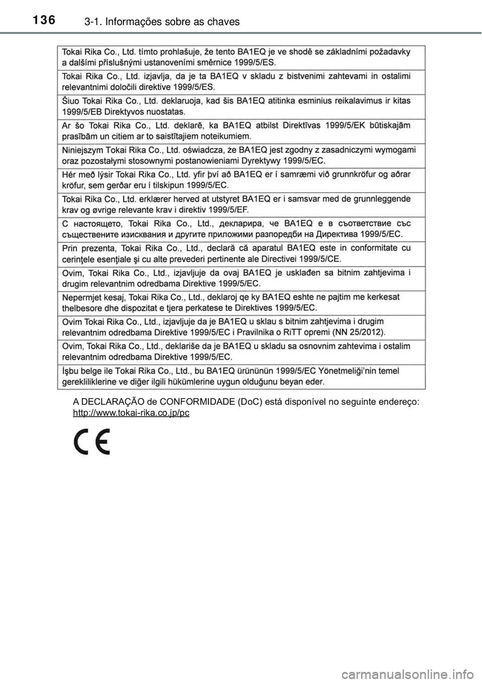 TOYOTA RAV4 2017  Manual de utilização (in Portuguese) 1363-1. Informações sobre as chaves
A DECLARAÇÃO de CONFORMIDADE (DoC) está disponível no seguinte endereço:
http://www.tokai-rika.co.jp/pc 
