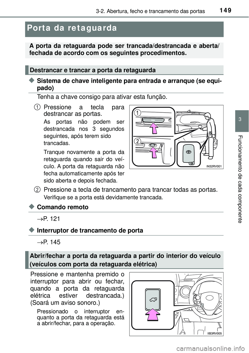 TOYOTA RAV4 2017 Manual de utilização (in Portuguese) 149
3
3-2. Abertura, fecho e trancamento das portas
Funcionamento de cada componente
Porta da retaguarda
uSistema de chave inteligente para entrada e arranque (se equi-
pado)
Tenha a chave consigo par TOYOTA RAV4 2017 Manual de utilização (in Portuguese) 149
3
3-2. Abertura, fecho e trancamento das portas
Funcionamento de cada componente
Porta da retaguarda
uSistema de chave inteligente para entrada e arranque (se equi-
pado)
Tenha a chave consigo par