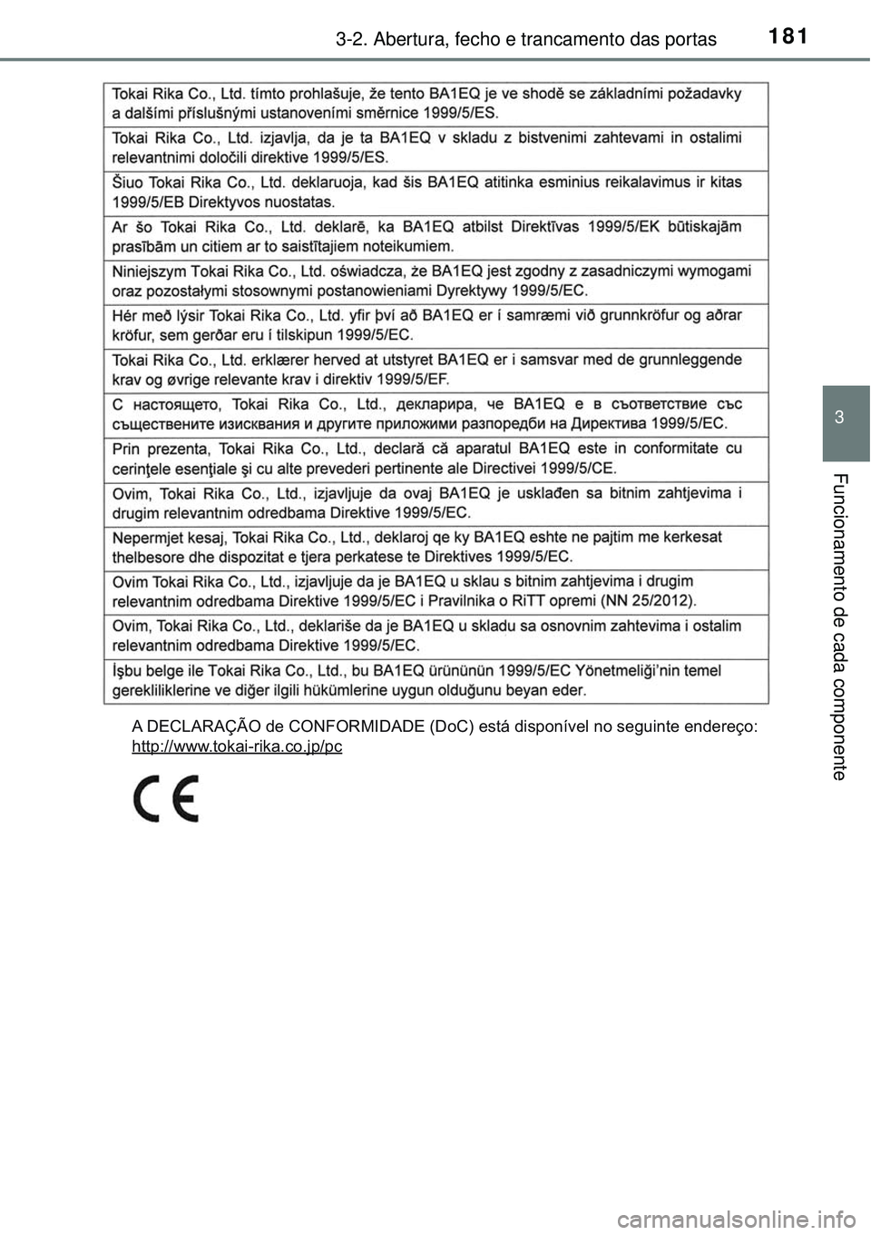 TOYOTA RAV4 2017  Manual de utilização (in Portuguese) 1813-2. Abertura, fecho e trancamento das portas
3
Funcionamento de cada componente
A DECLARAÇÃO de CONFORMIDADE (DoC) está disponível no seguinte endereço:
http://www.tokai-rika.co.jp/pc 