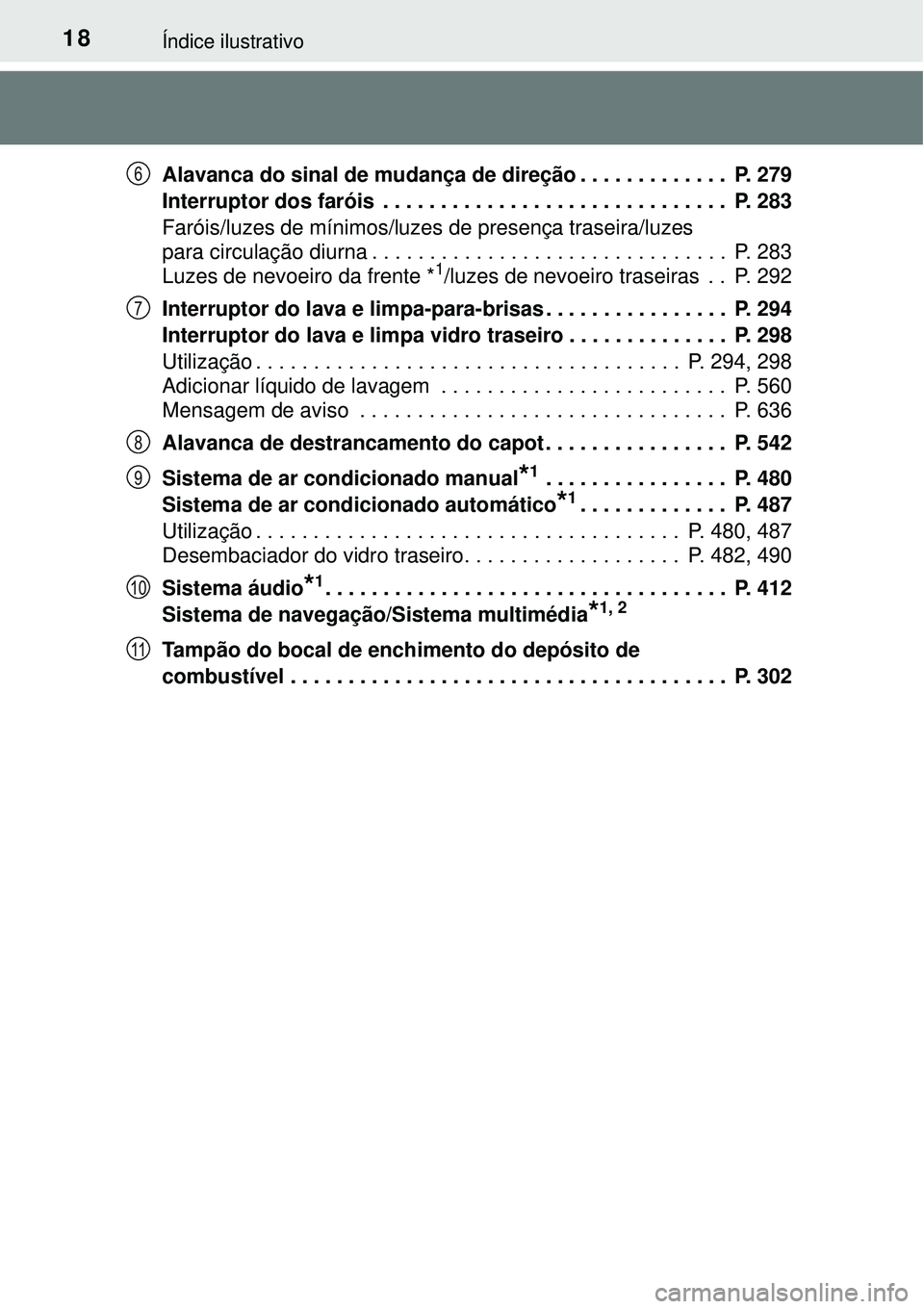 TOYOTA RAV4 2017  Manual de utilização (in Portuguese) 18Índice ilustrativo
Alavanca do sinal de mudança de direção . . . . . . . . . . . . .  P. 279
Interruptor dos faróis  . . . . . . . . . . . . . . . . . . . . . . . . . . . . . .  P. 283
Faróis/