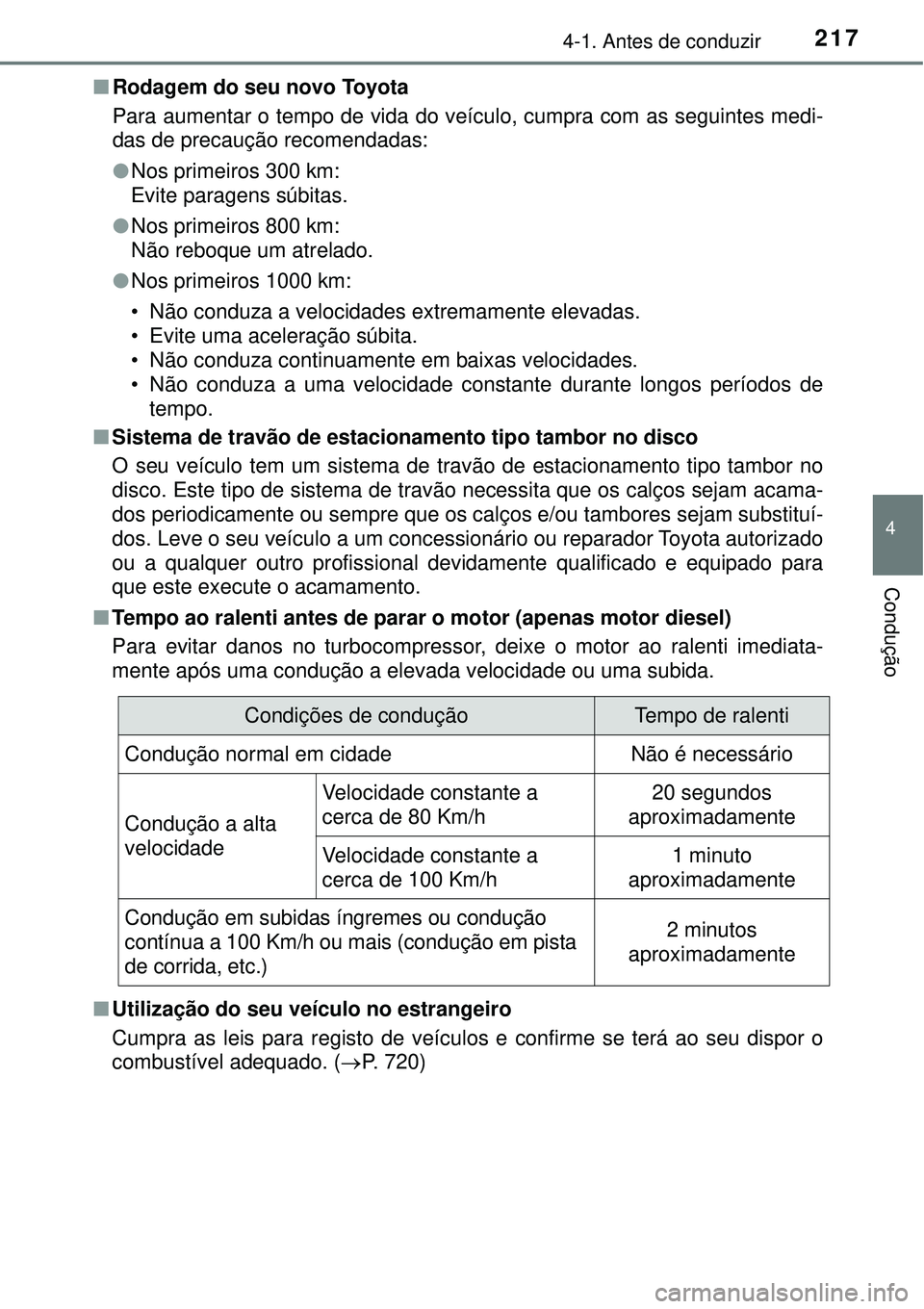 TOYOTA RAV4 2017 Manual de utilização (in Portuguese) 2174-1. Antes de conduzir
4
Condução
nRodagem do seu novo Toyota
Para aumentar o tempo de vida do veículo, cumpra com as seguintes medi-
das de precaução recomendadas:
lNos primeiros 300 km:
Evit TOYOTA RAV4 2017 Manual de utilização (in Portuguese) 2174-1. Antes de conduzir
4
Condução
nRodagem do seu novo Toyota
Para aumentar o tempo de vida do veículo, cumpra com as seguintes medi-
das de precaução recomendadas:
lNos primeiros 300 km:
Evit