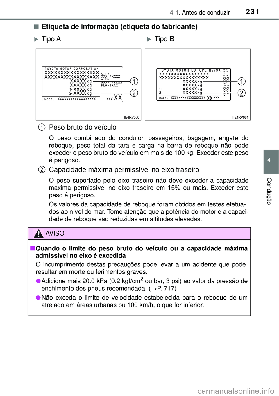TOYOTA RAV4 2017 Manual de utilização (in Portuguese) 2314-1. Antes de conduzir
4
Condução
nEtiqueta de informação (etiqueta do fabricante)
Peso bruto do veículo
O peso combinado do condutor, passageiros, bagagem, engate do
reboque, peso total da ta TOYOTA RAV4 2017 Manual de utilização (in Portuguese) 2314-1. Antes de conduzir
4
Condução
nEtiqueta de informação (etiqueta do fabricante)
Peso bruto do veículo
O peso combinado do condutor, passageiros, bagagem, engate do
reboque, peso total da ta