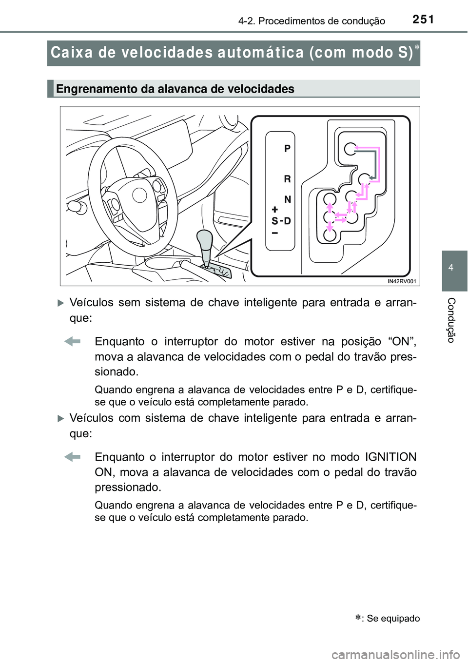 TOYOTA RAV4 2017 Manual de utilização (in Portuguese) 251
4
4-2. Procedimentos de condução
Condução
Caixa de velocidades automática (com modo S)
Veículos sem sistema de chave inteligente para entrada e arran-
que:
Enquanto o interruptor do mo TOYOTA RAV4 2017 Manual de utilização (in Portuguese) 251
4
4-2. Procedimentos de condução
Condução
Caixa de velocidades automática (com modo S)
Veículos sem sistema de chave inteligente para entrada e arran-
que:
Enquanto o interruptor do mo