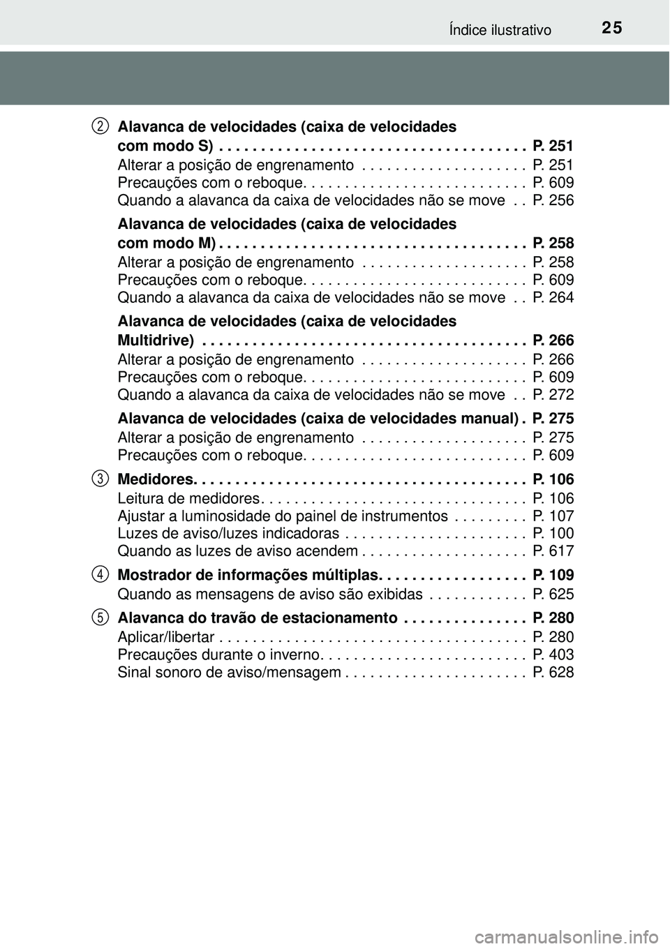 TOYOTA RAV4 2017  Manual de utilização (in Portuguese) 25Índice ilustrativo
Alavanca de velocidades (caixa de velocidades 
com modo S)  . . . . . . . . . . . . . . . . . . . . . . . . . . . . . . . . . . . . .  P. 251
Alterar a posição de engrenamento 