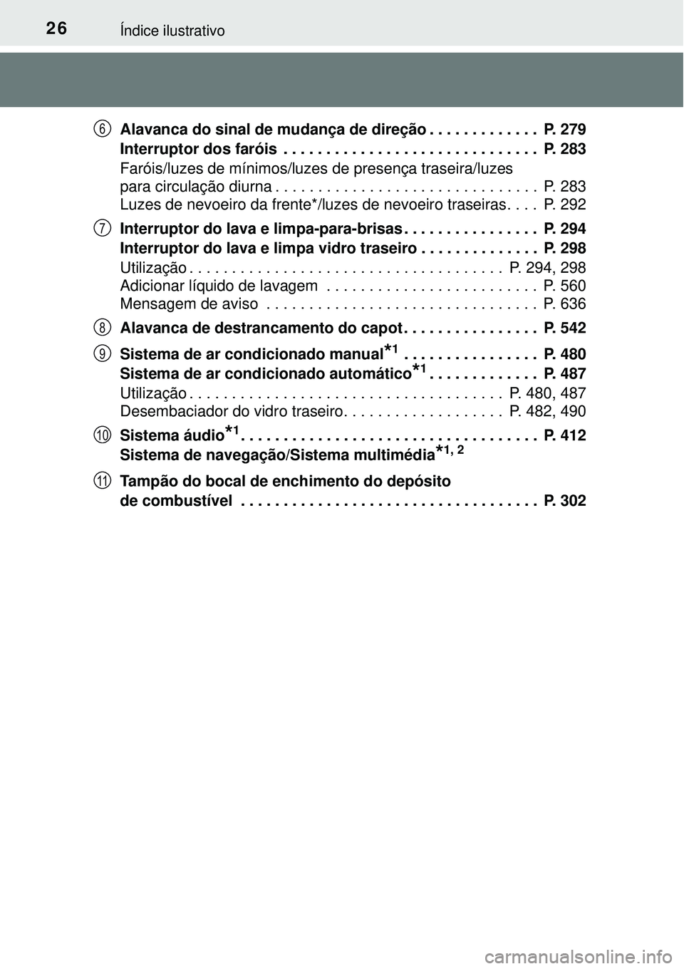 TOYOTA RAV4 2017  Manual de utilização (in Portuguese) 26Índice ilustrativo
Alavanca do sinal de mudança de direção . . . . . . . . . . . . .  P. 279
Interruptor dos faróis  . . . . . . . . . . . . . . . . . . . . . . . . . . . . . .  P. 283
Faróis/
