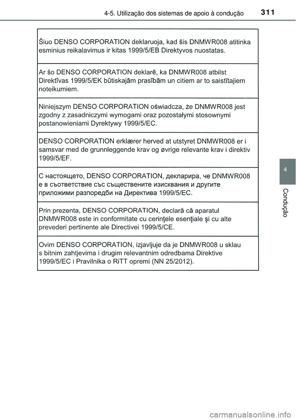 TOYOTA RAV4 2017 Manual de utilização (in Portuguese) 3114-5. Utilização dos sistemas de apoio à condução
4
Condução TOYOTA RAV4 2017 Manual de utilização (in Portuguese) 3114-5. Utilização dos sistemas de apoio à condução
4
Condução