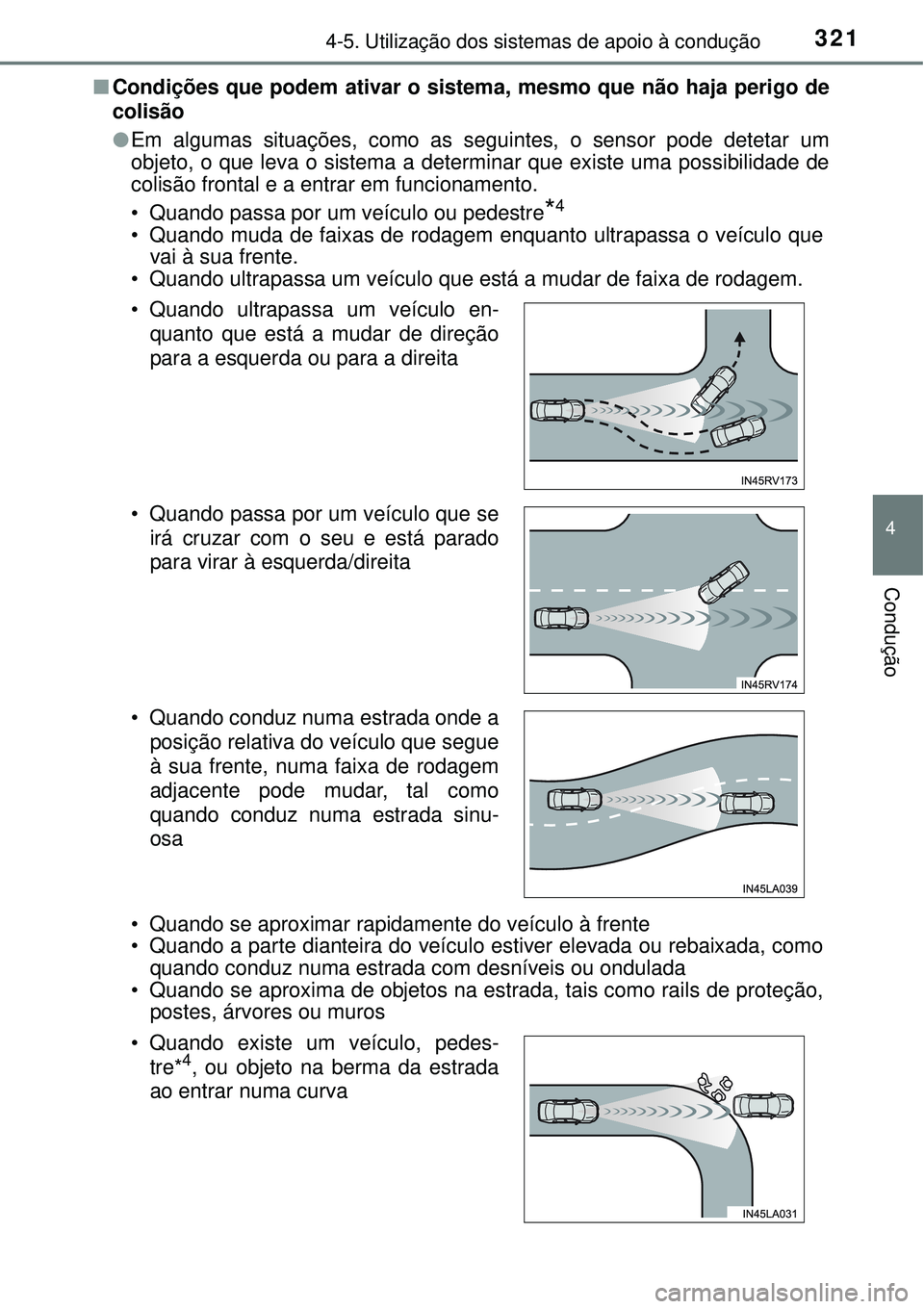TOYOTA RAV4 2017 Manual de utilização (in Portuguese) 3214-5. Utilização dos sistemas de apoio à condução
4
Condução
nCondições que podem ativar o sistema, mesmo que não haja perigo de
colisão
lEm algumas situações, como as seguintes, o sens TOYOTA RAV4 2017 Manual de utilização (in Portuguese) 3214-5. Utilização dos sistemas de apoio à condução
4
Condução
nCondições que podem ativar o sistema, mesmo que não haja perigo de
colisão
lEm algumas situações, como as seguintes, o sens
