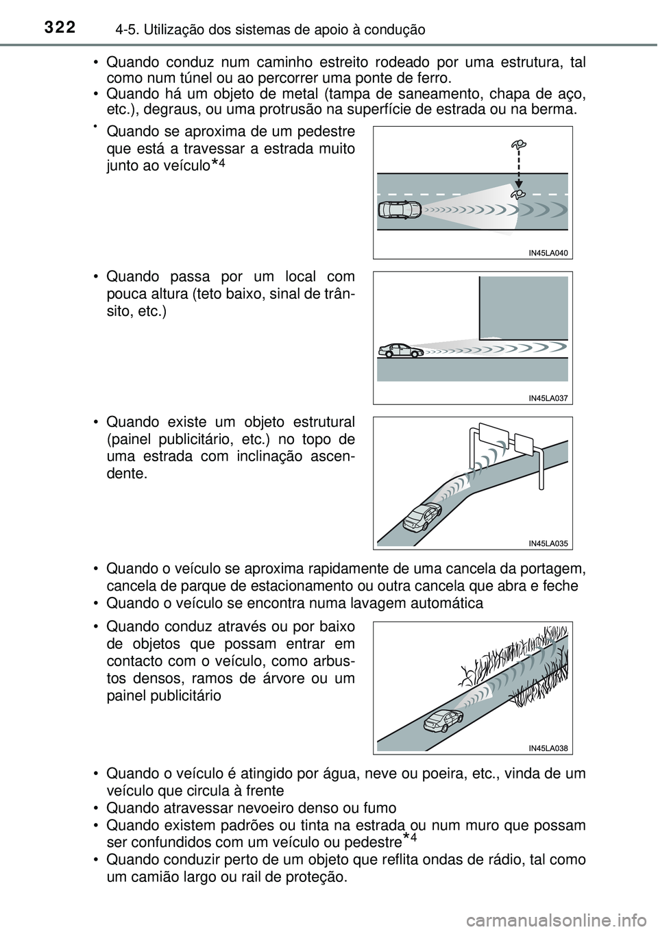 TOYOTA RAV4 2017 Manual de utilização (in Portuguese) 3224-5. Utilização dos sistemas de apoio à condução
• Quando conduz num caminho estreito rodeado por uma estrutura, tal
como num túnel ou ao percorrer uma ponte de ferro.
• Quando há um obj TOYOTA RAV4 2017 Manual de utilização (in Portuguese) 3224-5. Utilização dos sistemas de apoio à condução
• Quando conduz num caminho estreito rodeado por uma estrutura, tal
como num túnel ou ao percorrer uma ponte de ferro.
• Quando há um obj