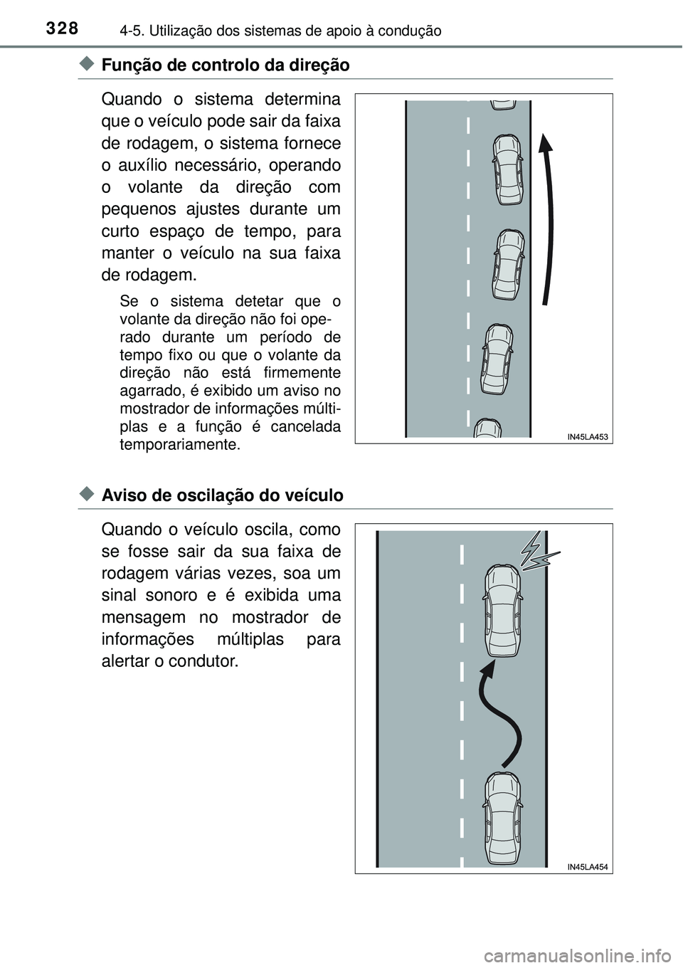 TOYOTA RAV4 2017 Manual de utilização (in Portuguese) 3284-5. Utilização dos sistemas de apoio à condução
uFunção de controlo da direção
Quando o sistema determina
que o veículo pode sair da faixa
de rodagem, o sistema fornece
o auxílio necess TOYOTA RAV4 2017 Manual de utilização (in Portuguese) 3284-5. Utilização dos sistemas de apoio à condução
uFunção de controlo da direção
Quando o sistema determina
que o veículo pode sair da faixa
de rodagem, o sistema fornece
o auxílio necess
