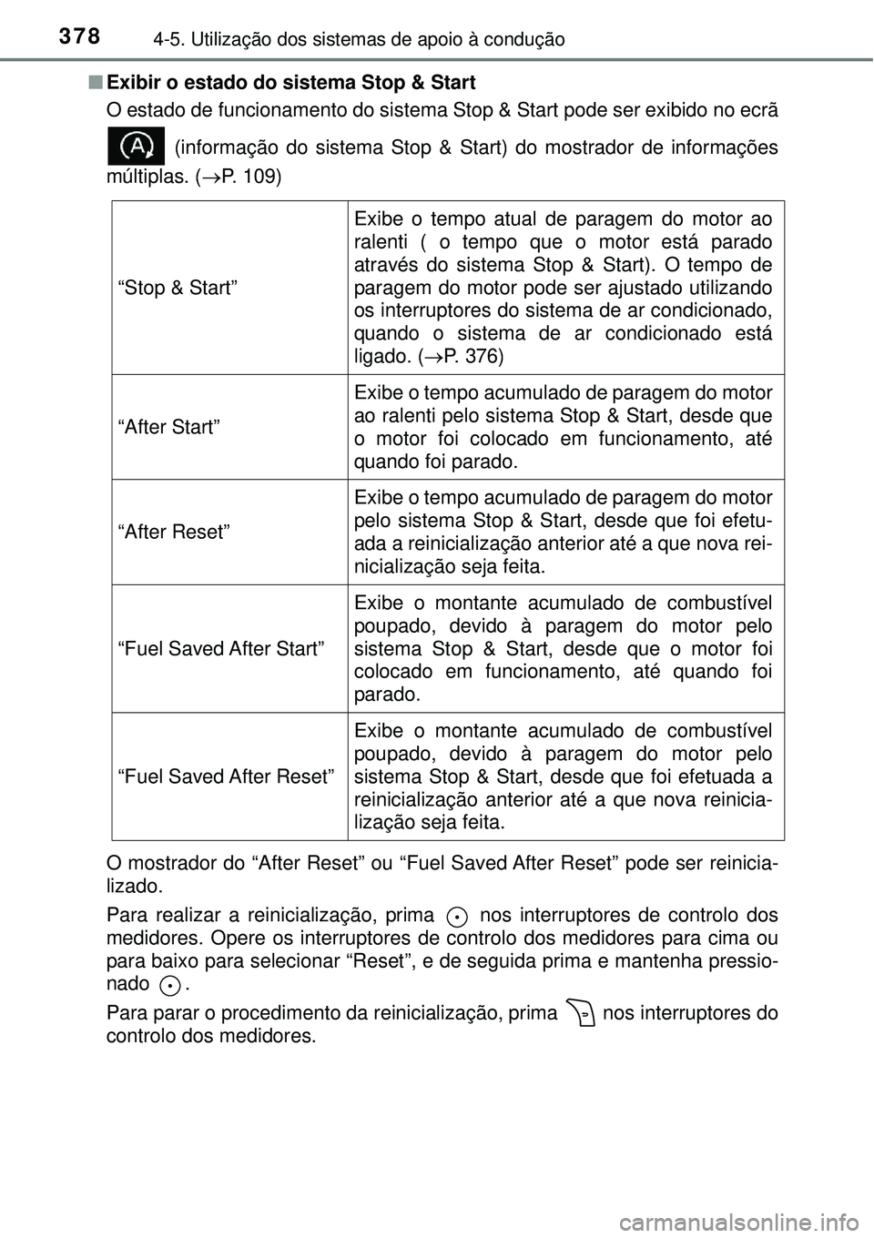 TOYOTA RAV4 2017  Manual de utilização (in Portuguese) 3784-5. Utilização dos sistemas de apoio à condução
nExibir o estado do sistema Stop & Start
O estado de funcionamento do sistema Stop & Start pode ser exibido no ecrã
 (informação do sistema 