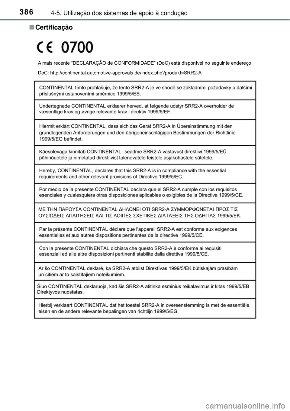 TOYOTA RAV4 2017  Manual de utilização (in Portuguese) 3864-5. Utilização dos sistemas de apoio à condução
nCertificação
A mais recente “DECLARAÇÃO de CONFORMIDADE” (DoC) está disponível no seguinte endereço 
DoC: http://continental.automo