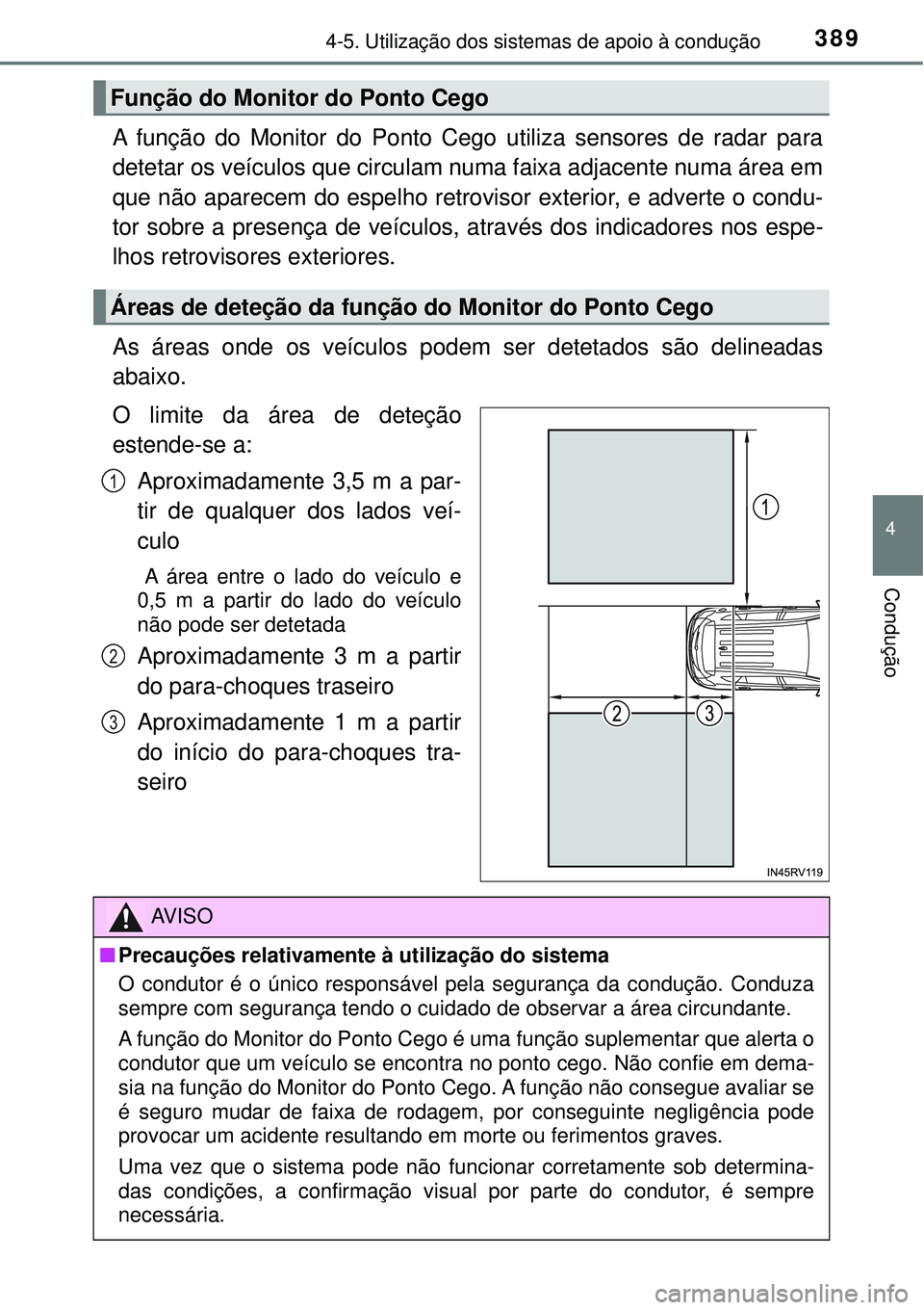 TOYOTA RAV4 2017 Manual de utilização (in Portuguese) 3894-5. Utilização dos sistemas de apoio à condução
4
Condução
A função do Monitor do Ponto Cego utiliza sensores de radar para
detetar os veículos que circulam numa faixa adjacente numa ár TOYOTA RAV4 2017 Manual de utilização (in Portuguese) 3894-5. Utilização dos sistemas de apoio à condução
4
Condução
A função do Monitor do Ponto Cego utiliza sensores de radar para
detetar os veículos que circulam numa faixa adjacente numa ár