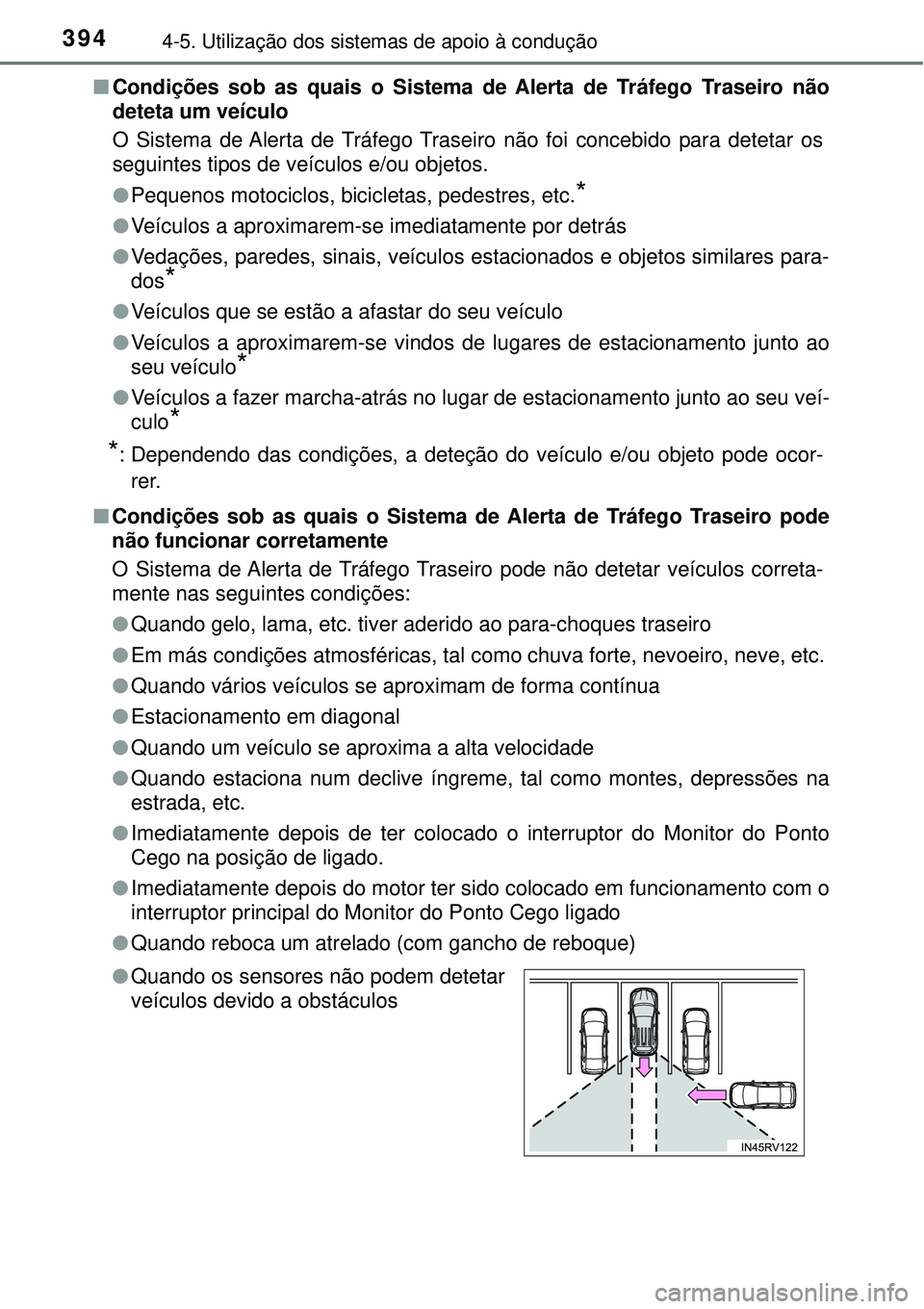 TOYOTA RAV4 2017 Manual de utilização (in Portuguese) 3944-5. Utilização dos sistemas de apoio à condução
nCondições sob as quais o Sistema de Alerta de Tráfego Traseiro não
deteta um veículo
O Sistema de Alerta de Tráfego Traseiro não foi co TOYOTA RAV4 2017 Manual de utilização (in Portuguese) 3944-5. Utilização dos sistemas de apoio à condução
nCondições sob as quais o Sistema de Alerta de Tráfego Traseiro não
deteta um veículo
O Sistema de Alerta de Tráfego Traseiro não foi co
