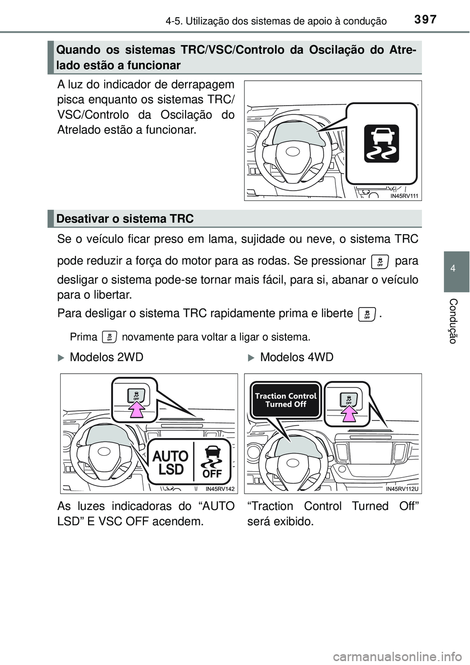 TOYOTA RAV4 2017 Manual de utilização (in Portuguese) 3974-5. Utilização dos sistemas de apoio à condução
4
Condução
A luz do indicador de derrapagem
pisca enquanto os sistemas TRC/
VSC/Controlo da Oscilação do
Atrelado estão a funcionar.
Se o TOYOTA RAV4 2017 Manual de utilização (in Portuguese) 3974-5. Utilização dos sistemas de apoio à condução
4
Condução
A luz do indicador de derrapagem
pisca enquanto os sistemas TRC/
VSC/Controlo da Oscilação do
Atrelado estão a funcionar.
Se o