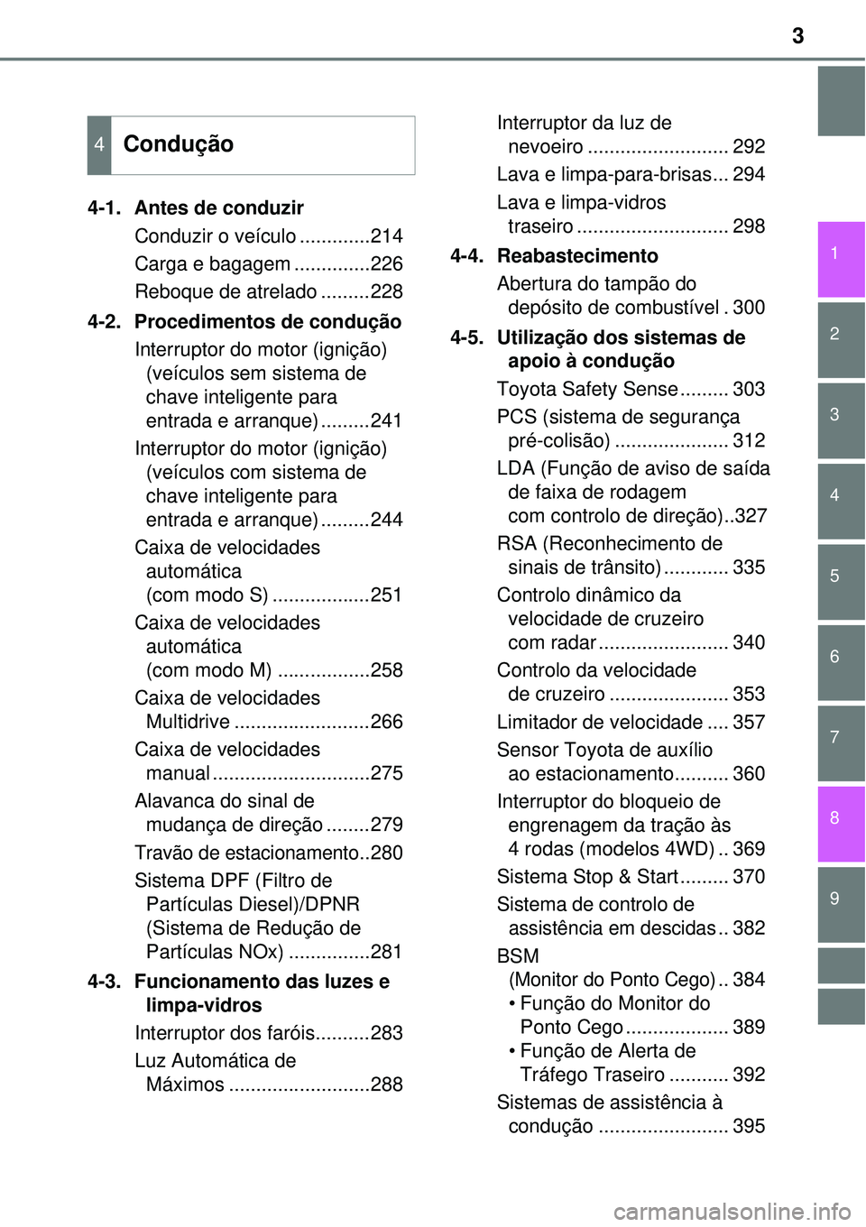TOYOTA RAV4 2017 Manual de utilização (in Portuguese) 9 8
3
1
7 6
5
4
3
2
4-1. Antes de conduzir
Conduzir o veículo .............214
Carga e bagagem ..............226
Reboque de atrelado .........228
4-2. Procedimentos de condução
Interruptor do motor TOYOTA RAV4 2017 Manual de utilização (in Portuguese) 9 8
3
1
7 6
5
4
3
2
4-1. Antes de conduzir
Conduzir o veículo .............214
Carga e bagagem ..............226
Reboque de atrelado .........228
4-2. Procedimentos de condução
Interruptor do motor