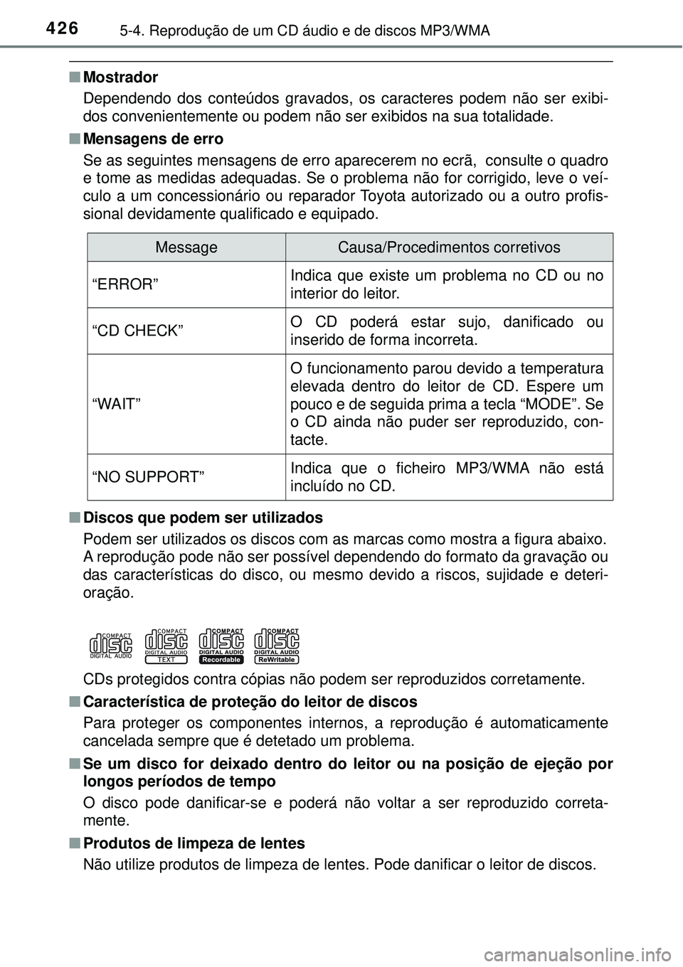 TOYOTA RAV4 2017 Manual de utilização (in Portuguese) 4265-4. Reprodução de um CD áudio e de discos MP3/WMA
nMostrador
Dependendo dos conteúdos gravados, os caracteres podem não ser exibi-
dos convenientemente ou podem não ser exibidos na sua total TOYOTA RAV4 2017 Manual de utilização (in Portuguese) 4265-4. Reprodução de um CD áudio e de discos MP3/WMA
nMostrador
Dependendo dos conteúdos gravados, os caracteres podem não ser exibi-
dos convenientemente ou podem não ser exibidos na sua total