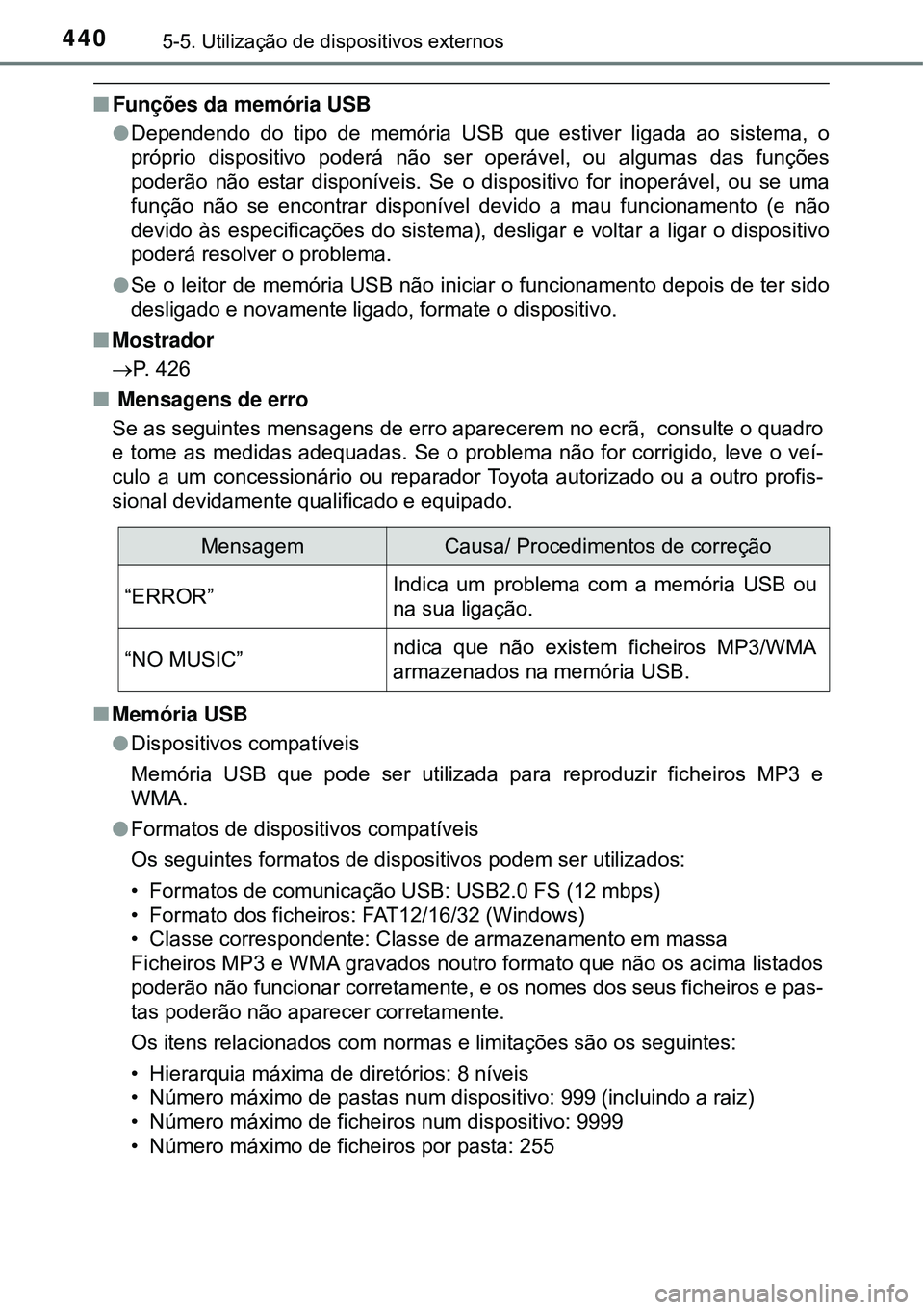 TOYOTA RAV4 2017 Manual de utilização (in Portuguese) 4405-5. Utilização de dispositivos externos
nFunções da memória USB
lDependendo do tipo de memória USB que estiver ligada ao sistema, o
próprio dispositivo poderá não ser operável, ou alguma TOYOTA RAV4 2017 Manual de utilização (in Portuguese) 4405-5. Utilização de dispositivos externos
nFunções da memória USB
lDependendo do tipo de memória USB que estiver ligada ao sistema, o
próprio dispositivo poderá não ser operável, ou alguma