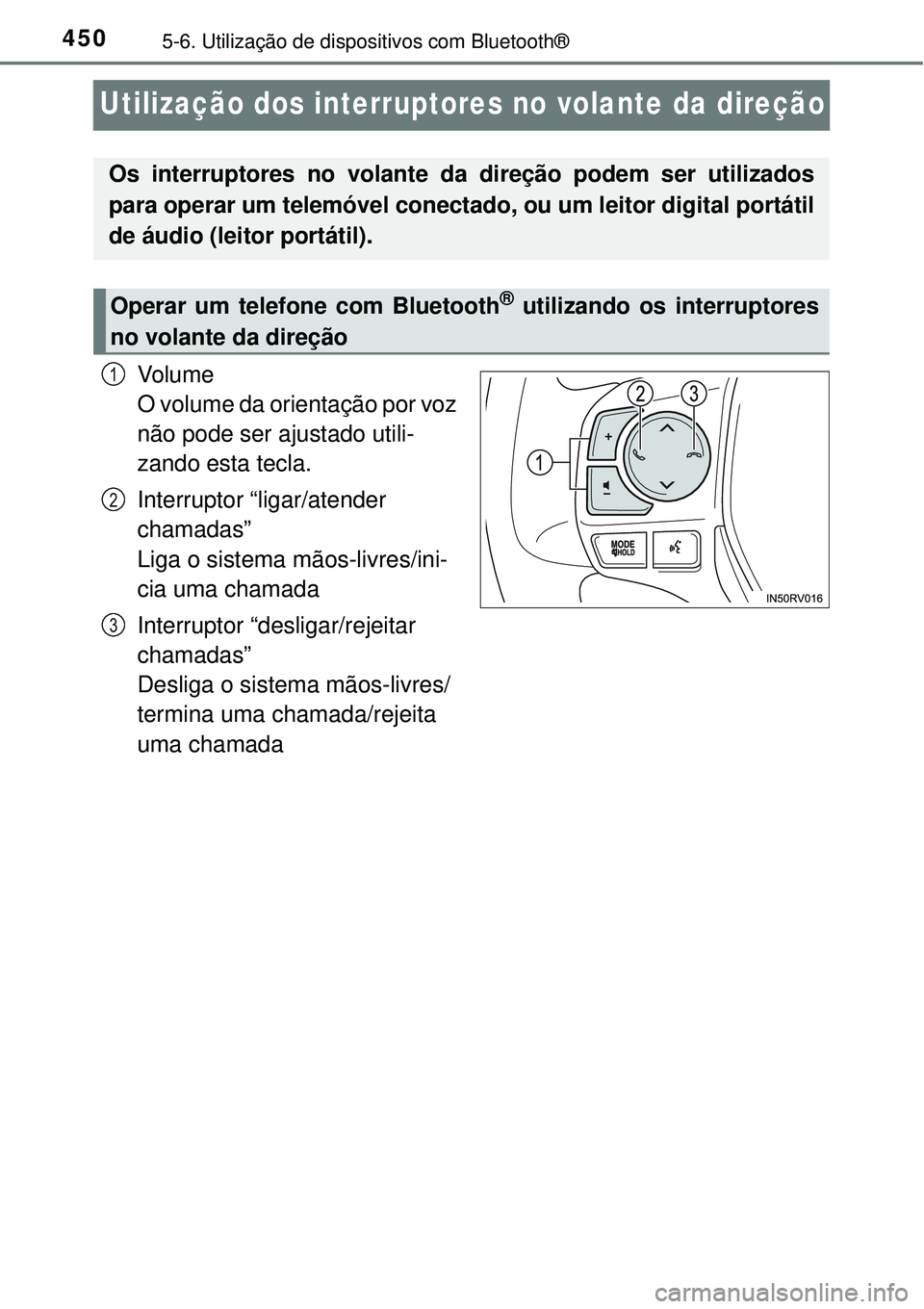 TOYOTA RAV4 2017 Manual de utilização (in Portuguese) 4505-6. Utilização de dispositivos com Bluetooth®
Utilização dos interruptores no volante da direção
Vo l u m e
O volume da orientação por voz
não pode ser ajustado utili-
zando esta tecla. TOYOTA RAV4 2017 Manual de utilização (in Portuguese) 4505-6. Utilização de dispositivos com Bluetooth®
Utilização dos interruptores no volante da direção
Vo l u m e
O volume da orientação por voz
não pode ser ajustado utili-
zando esta tecla.
