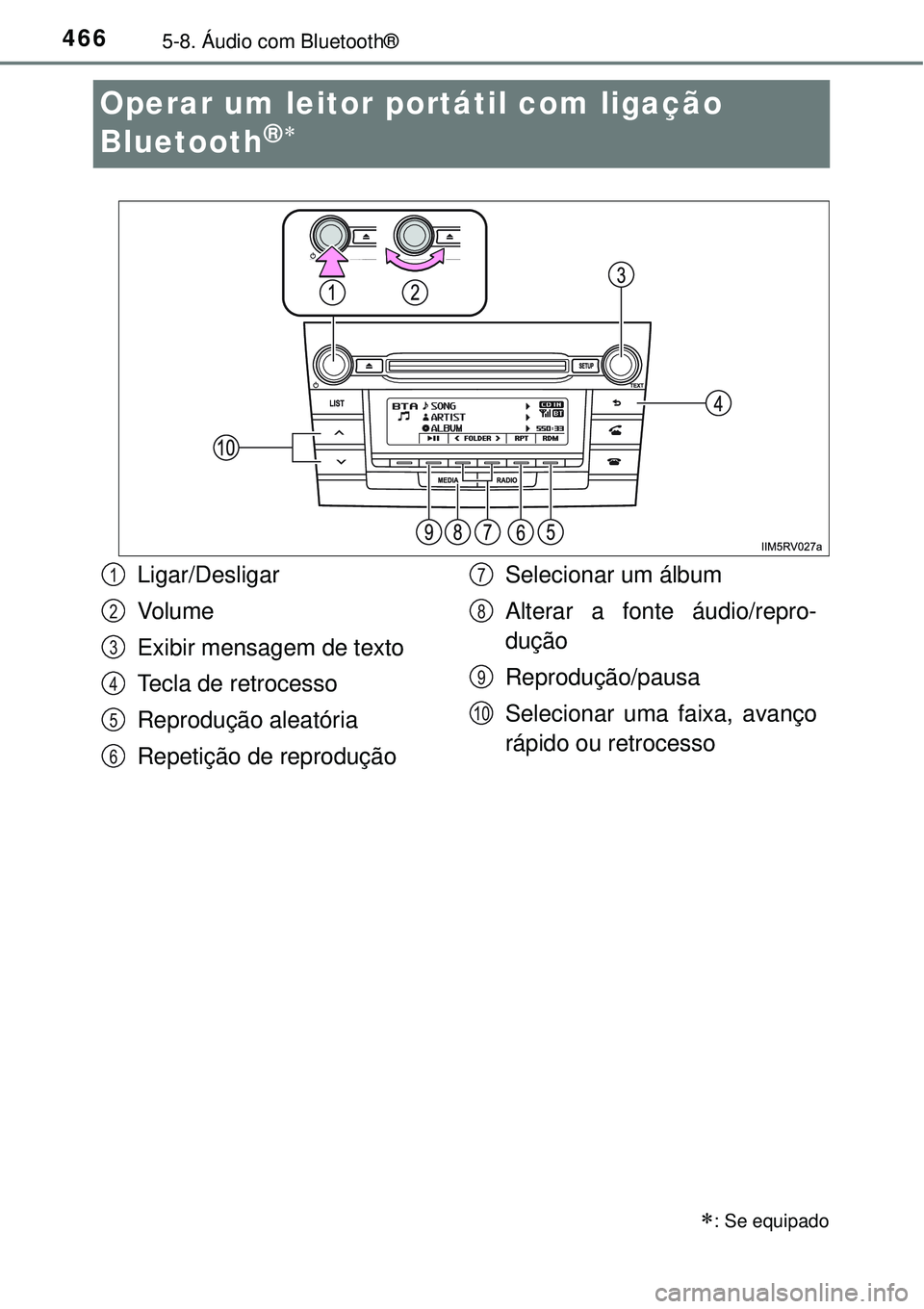 TOYOTA RAV4 2017  Manual de utilização (in Portuguese) 4665-8. Áudio com Bluetooth®
Operar um leitor portátil com ligação 
Bluetooth
®
: Se equipado
Ligar/Desligar
Vo l u m e
Exibir mensagem de texto
Tecla de retrocesso
Reprodução aleatória