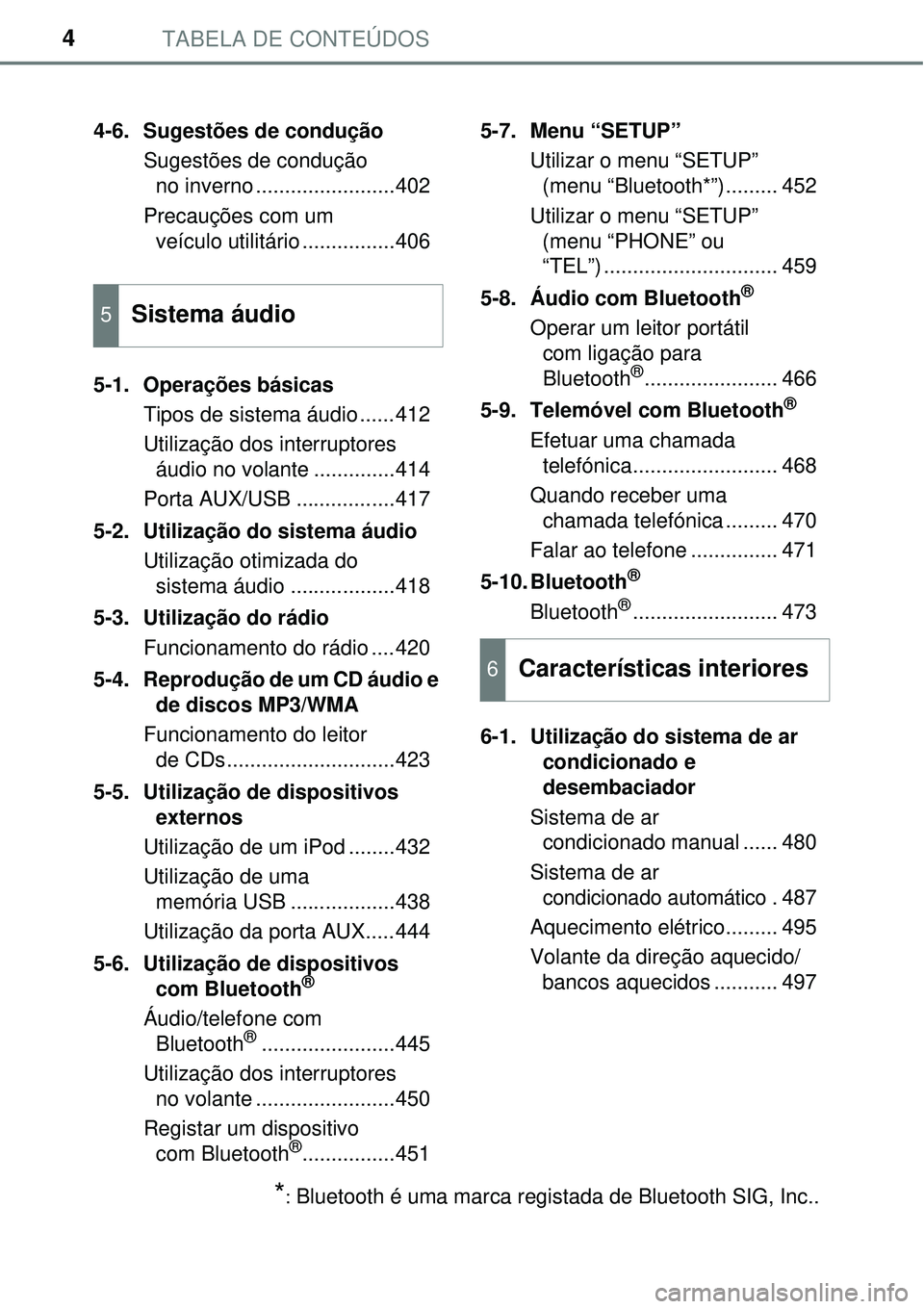 TOYOTA RAV4 2017 Manual de utilização (in Portuguese) TABELA DE CONTEÚDOS4
4-6. Sugestões de condução
Sugestões de condução
no inverno ........................402
Precauções com um
veículo utilitário ................406
5-1. Operações bás TOYOTA RAV4 2017 Manual de utilização (in Portuguese) TABELA DE CONTEÚDOS4
4-6. Sugestões de condução
Sugestões de condução
no inverno ........................402
Precauções com um
veículo utilitário ................406
5-1. Operações bás