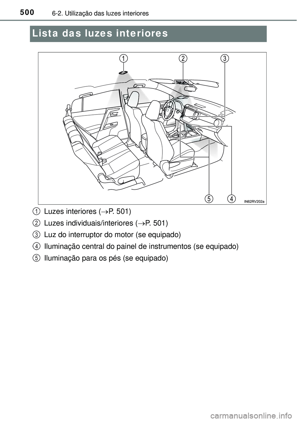 TOYOTA RAV4 2017  Manual de utilização (in Portuguese) 5006-2. Utilização das luzes interiores
Lista das luzes interiores
Luzes interiores (P. 501)
Luzes individuais/interiores (P. 501)
Luz do interruptor do motor (se equipado)
Iluminação centra