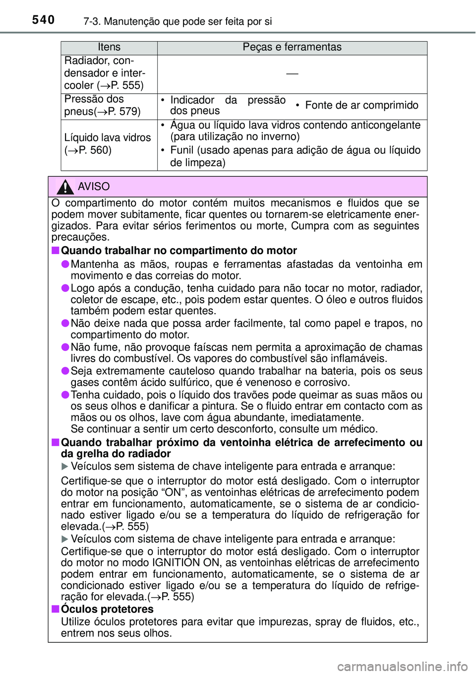 TOYOTA RAV4 2017  Manual de utilização (in Portuguese) 5407-3. Manutenção que pode ser feita por si
Radiador, con-
densador e inter-
cooler (P. 555)

Pressão dos 
pneus(P. 579)• Indicador da pressão
dos pneus• Fonte de ar comprimido
Líqu