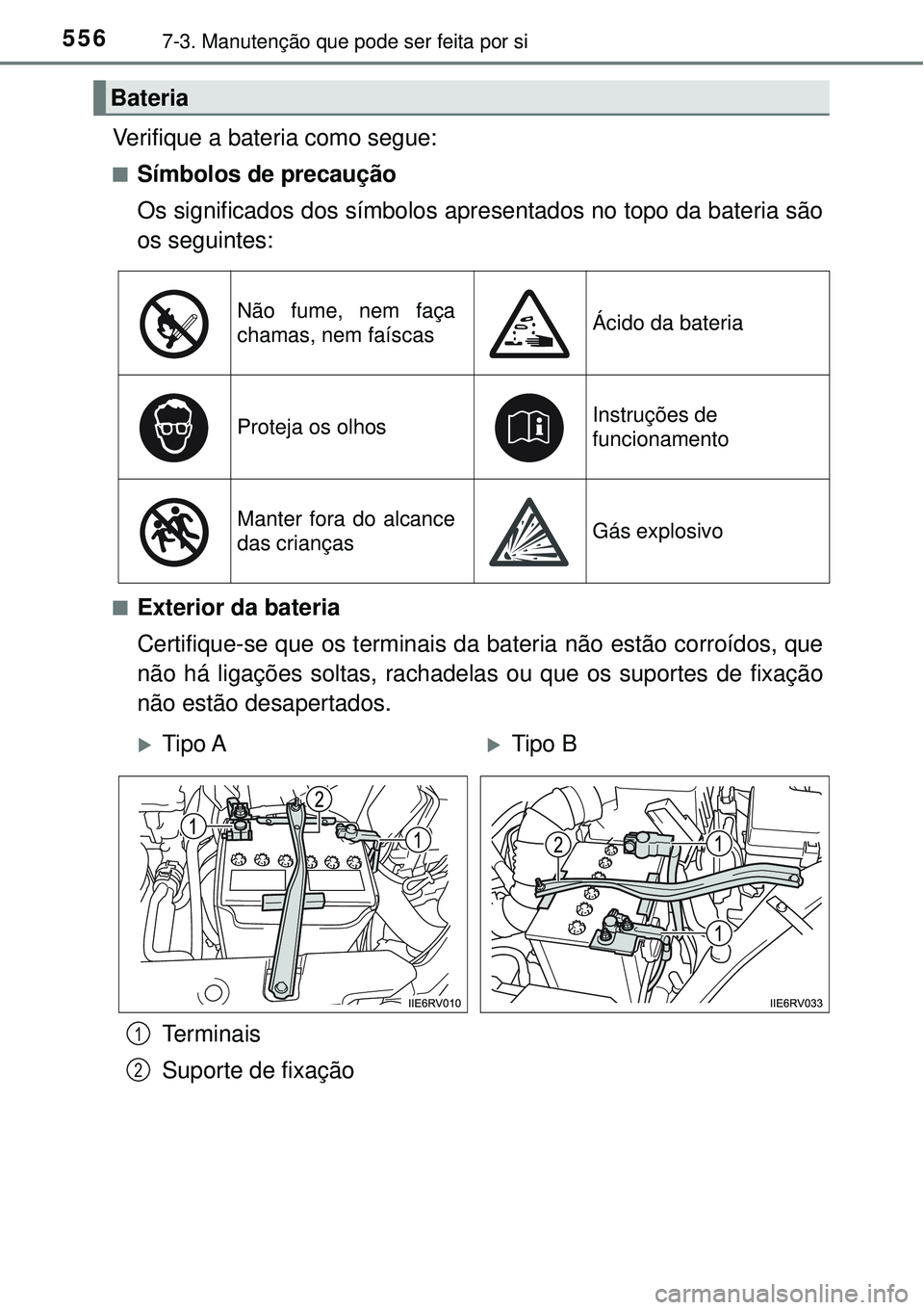TOYOTA RAV4 2017 Manual de utilização (in Portuguese) 5567-3. Manutenção que pode ser feita por si
Verifique a bateria como segue:
nSímbolos de precaução
Os significados dos símbolos apresentados no topo da bateria são
os seguintes:
nExterior da b TOYOTA RAV4 2017 Manual de utilização (in Portuguese) 5567-3. Manutenção que pode ser feita por si
Verifique a bateria como segue:
nSímbolos de precaução
Os significados dos símbolos apresentados no topo da bateria são
os seguintes:
nExterior da b