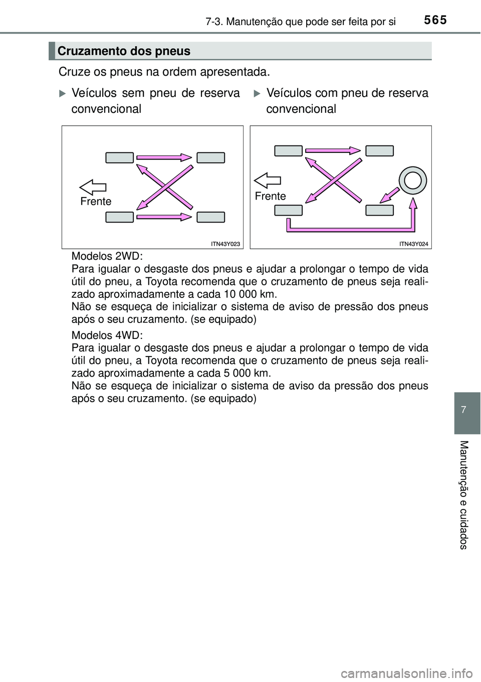TOYOTA RAV4 2017 Manual de utilização (in Portuguese) 5657-3. Manutenção que pode ser feita por si
7
Manutenção e cuidados
Cruze os pneus na ordem apresentada.
Modelos 2WD:
Para igualar o desgaste dos pneus e ajudar a prolongar o tempo de vida
útil TOYOTA RAV4 2017 Manual de utilização (in Portuguese) 5657-3. Manutenção que pode ser feita por si
7
Manutenção e cuidados
Cruze os pneus na ordem apresentada.
Modelos 2WD:
Para igualar o desgaste dos pneus e ajudar a prolongar o tempo de vida
útil