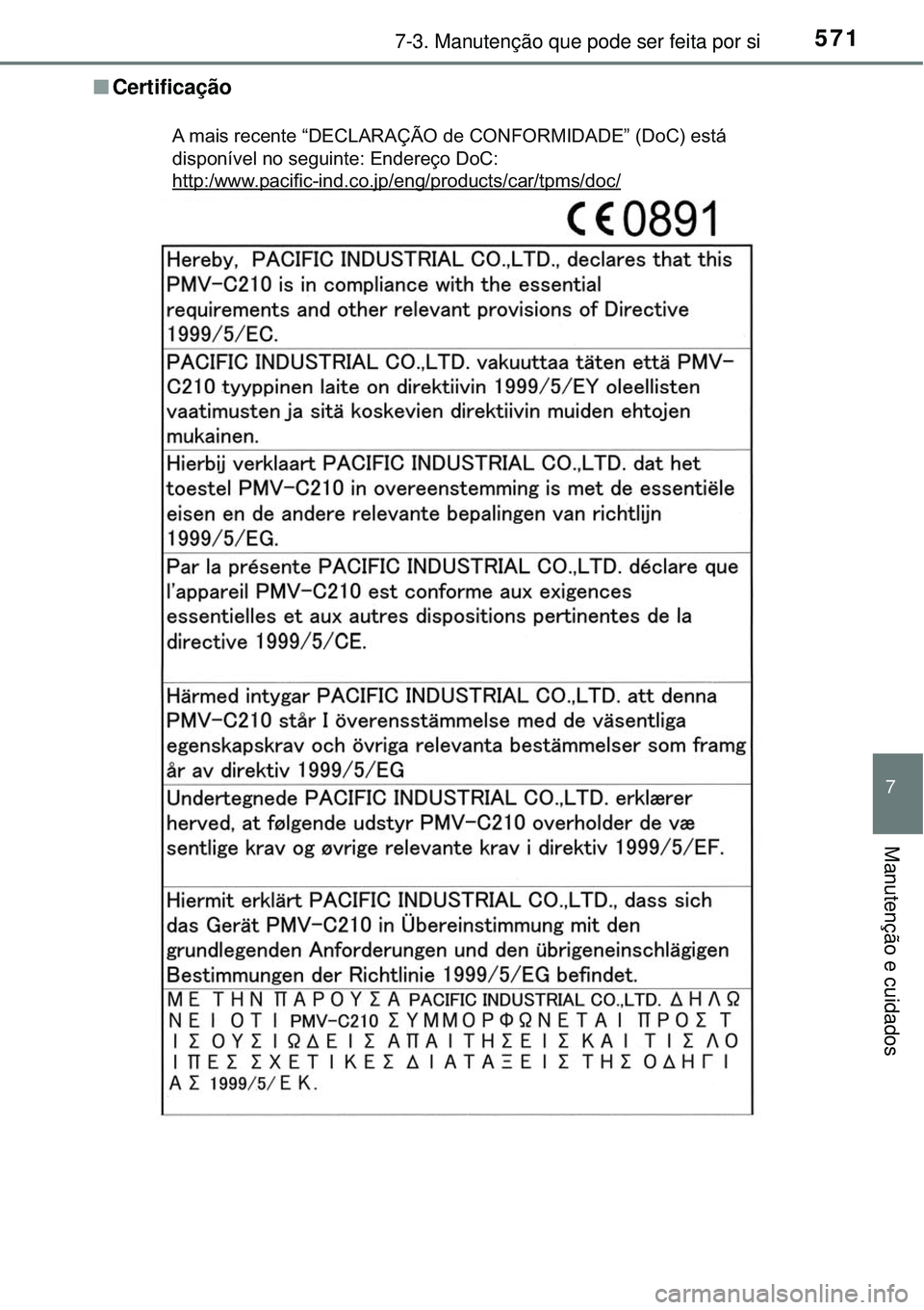 TOYOTA RAV4 2017 Manual de utilização (in Portuguese) 5717-3. Manutenção que pode ser feita por si
7
Manutenção e cuidados
nCertificação
A mais recente “DECLARAÇÃO de CONFORMIDADE” (DoC) está
disponível no seguinte: Endereço DoC:
http:/ww TOYOTA RAV4 2017 Manual de utilização (in Portuguese) 5717-3. Manutenção que pode ser feita por si
7
Manutenção e cuidados
nCertificação
A mais recente “DECLARAÇÃO de CONFORMIDADE” (DoC) está
disponível no seguinte: Endereço DoC:
http:/ww