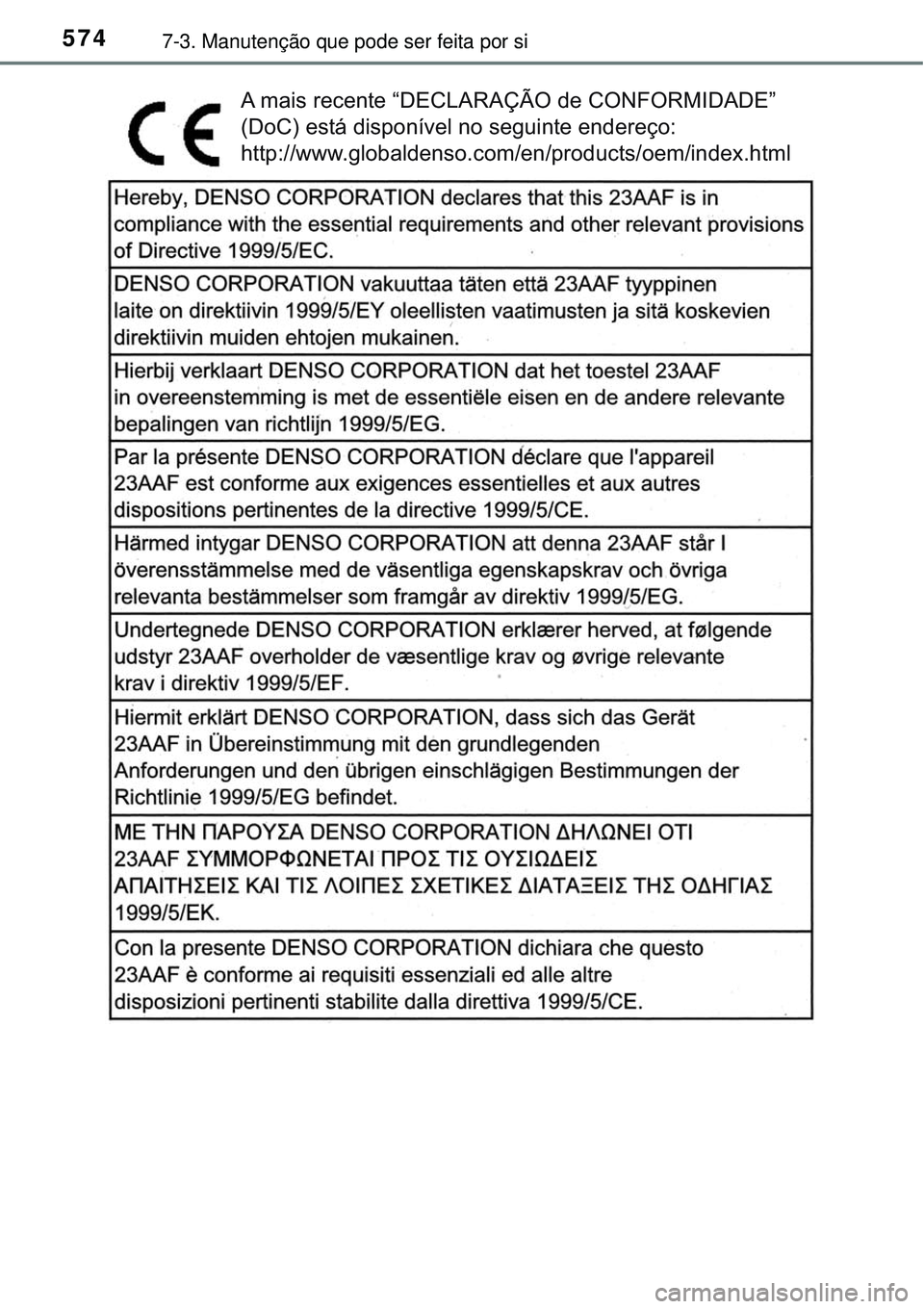 TOYOTA RAV4 2017 Manual de utilização (in Portuguese) 5747-3. Manutenção que pode ser feita por si
A mais recente “DECLARAÇÃO de CONFORMIDADE”
(DoC) está disponível no seguinte endereço:
http://www.globaldenso.com/en/products/oem/index.html TOYOTA RAV4 2017 Manual de utilização (in Portuguese) 5747-3. Manutenção que pode ser feita por si
A mais recente “DECLARAÇÃO de CONFORMIDADE”
(DoC) está disponível no seguinte endereço:
http://www.globaldenso.com/en/products/oem/index.html