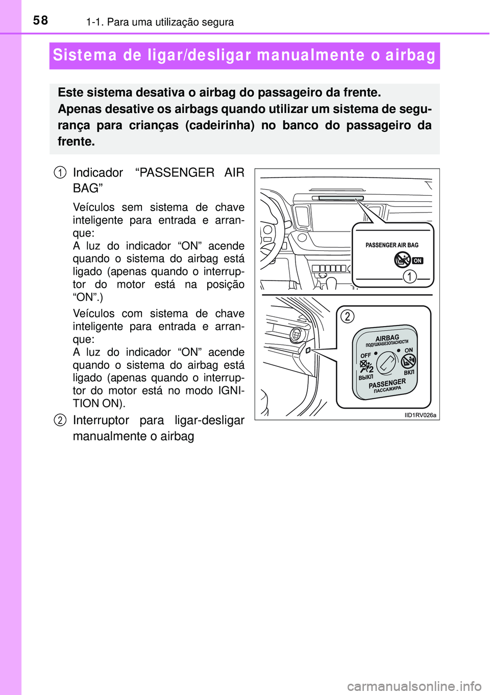 TOYOTA RAV4 2017 Manual de utilização (in Portuguese) 581-1. Para uma utilização segura
Sistema de ligar/desligar manualmente o airbag
Indicador “PASSENGER AIR
BAG”
Veículos sem sistema de chave
inteligente para entrada e arran-
que:
A luz do indi TOYOTA RAV4 2017 Manual de utilização (in Portuguese) 581-1. Para uma utilização segura
Sistema de ligar/desligar manualmente o airbag
Indicador “PASSENGER AIR
BAG”
Veículos sem sistema de chave
inteligente para entrada e arran-
que:
A luz do indi