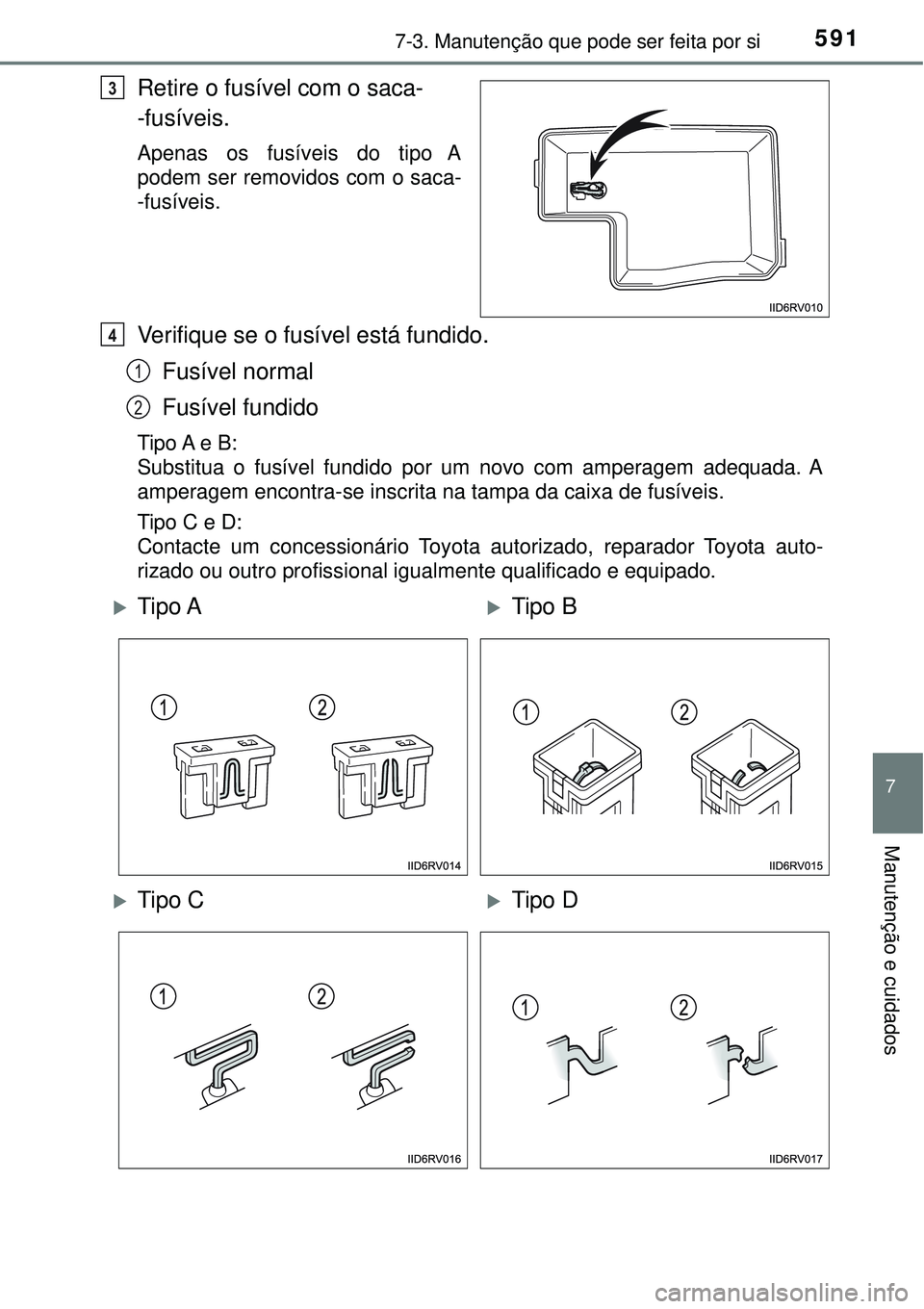 TOYOTA RAV4 2017  Manual de utilização (in Portuguese) 5917-3. Manutenção que pode ser feita por si
7
Manutenção e cuidados
Retire o fusível com o saca-
-fusíveis. 
Apenas os fusíveis do tipo A
podem ser removidos com o saca-
-fusíveis.
Verifique 
