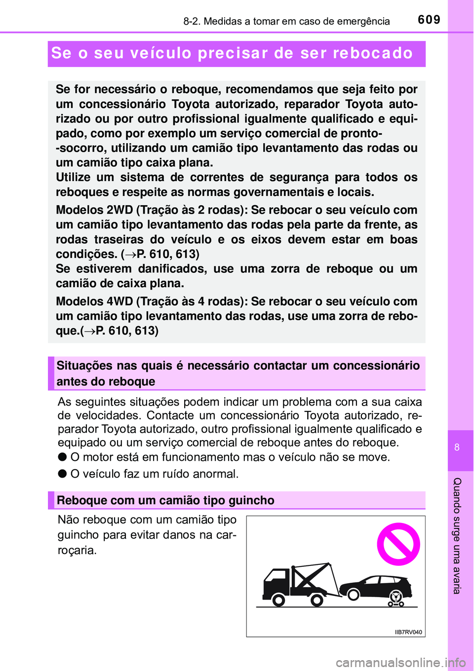 TOYOTA RAV4 2017 Manual de utilização (in Portuguese) 6098-2. Medidas a tomar em caso de emergência
8
Quando surge uma avaria
Se o seu veículo precisar de ser rebocado
As seguintes situações podem indicar um problema com a sua caixa
de velocidades. TOYOTA RAV4 2017 Manual de utilização (in Portuguese) 6098-2. Medidas a tomar em caso de emergência
8
Quando surge uma avaria
Se o seu veículo precisar de ser rebocado
As seguintes situações podem indicar um problema com a sua caixa
de velocidades.