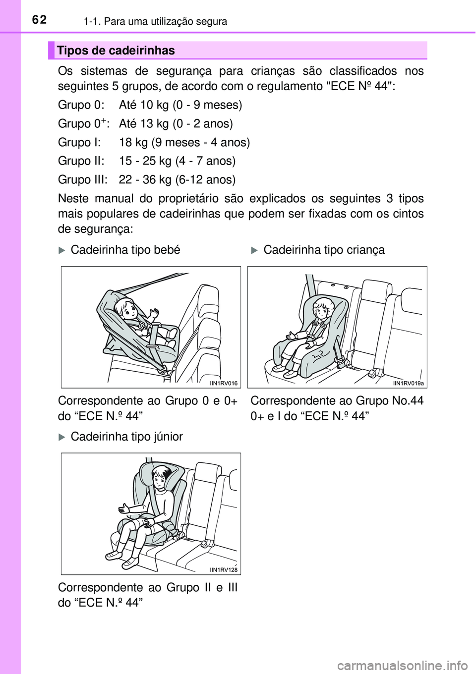 TOYOTA RAV4 2017 Manual de utilização (in Portuguese) 621-1. Para uma utilização segura
Os sistemas de segurança para crianças são classificados nos
seguintes 5 grupos, de acordo com o regulamento "ECE Nº 44":
Grupo 0: Até 10 kg (0 - 9 meses)
Grup TOYOTA RAV4 2017 Manual de utilização (in Portuguese) 621-1. Para uma utilização segura
Os sistemas de segurança para crianças são classificados nos
seguintes 5 grupos, de acordo com o regulamento "ECE Nº 44":
Grupo 0: Até 10 kg (0 - 9 meses)
Grup