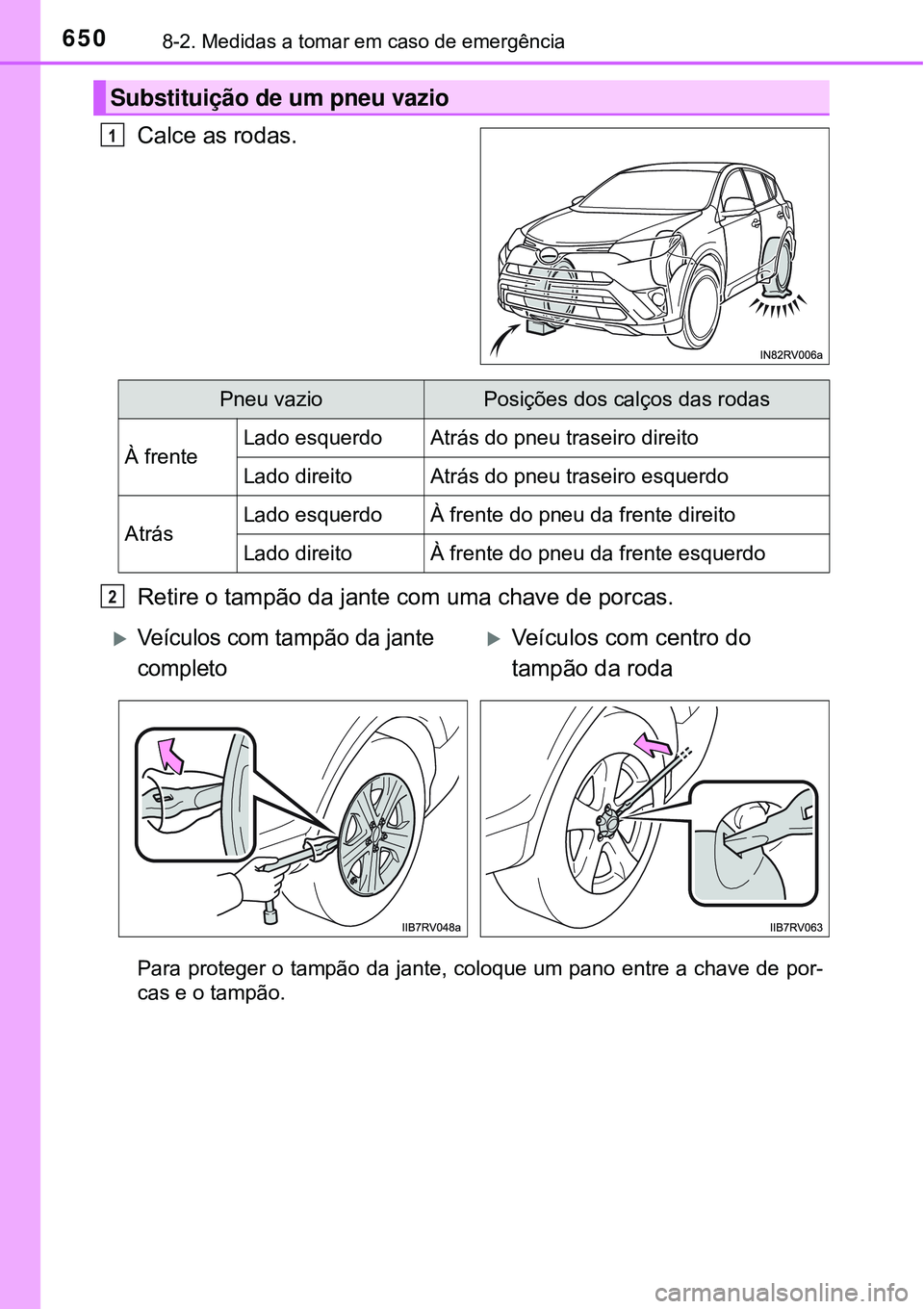 TOYOTA RAV4 2017 Manual de utilização (in Portuguese) 6508-2. Medidas a tomar em caso de emergência
Calce as rodas.
Retire o tampão da jante com uma chave de porcas.
Para proteger o tampão da jante, coloque um pano entre a chave de por-
cas e o tampã TOYOTA RAV4 2017 Manual de utilização (in Portuguese) 6508-2. Medidas a tomar em caso de emergência
Calce as rodas.
Retire o tampão da jante com uma chave de porcas.
Para proteger o tampão da jante, coloque um pano entre a chave de por-
cas e o tampã