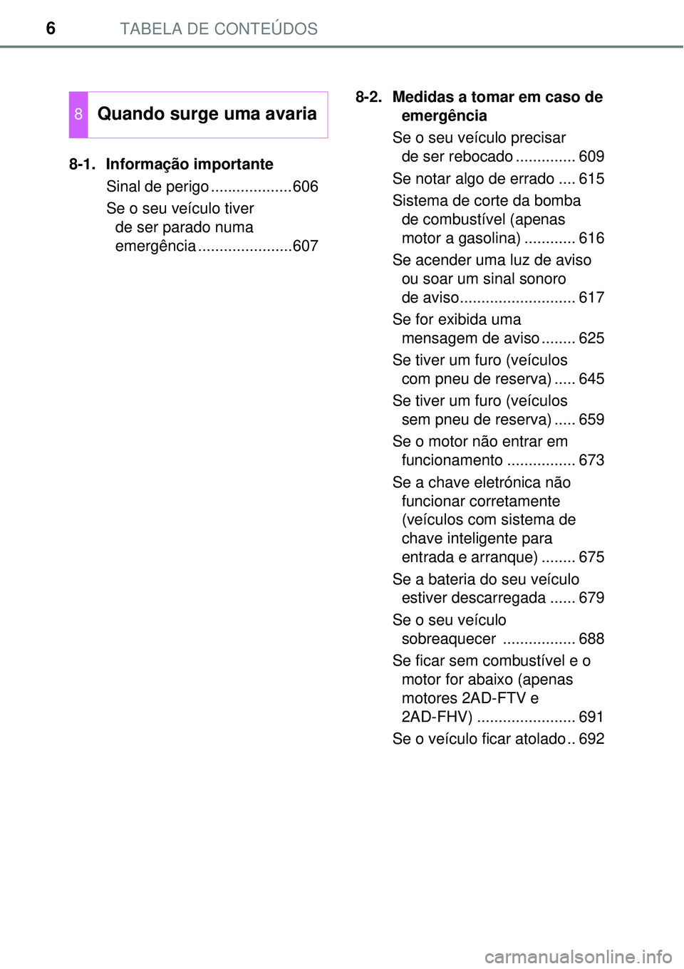 TOYOTA RAV4 2017  Manual de utilização (in Portuguese) TABELA DE CONTEÚDOS6
8-1. Informação importante
Sinal de perigo ...................606
Se o seu veículo tiver 
de ser parado numa 
emergência ......................6078-2. Medidas a tomar em caso