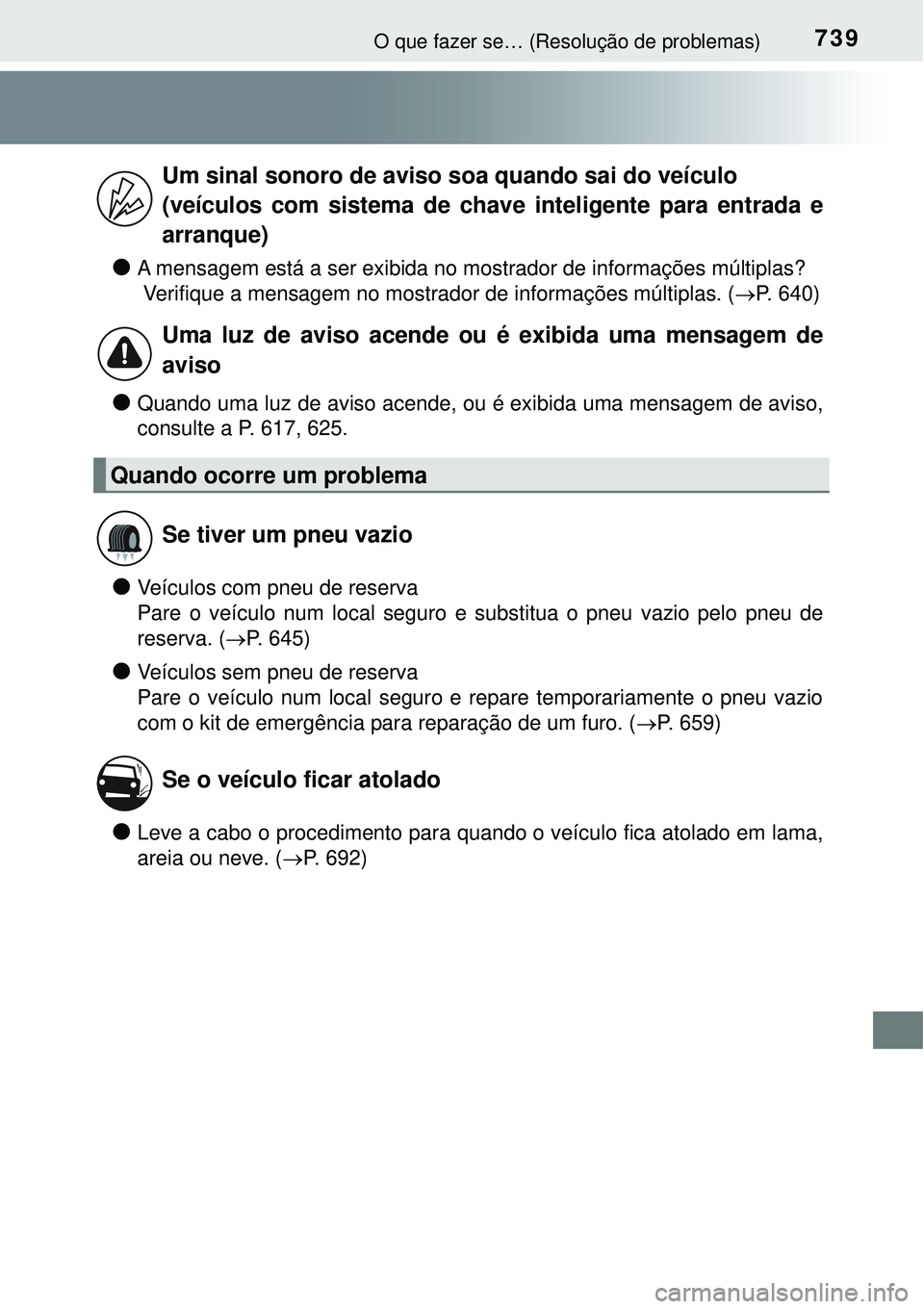 TOYOTA RAV4 2017 Manual de utilização (in Portuguese) 739O que fazer se… (Resolução de problemas)
lA mensagem está a ser exibida no mostrador de informações múltiplas?
Verifique a mensagem no mostrador de informações múltiplas. (P. 640)
lQ TOYOTA RAV4 2017 Manual de utilização (in Portuguese) 739O que fazer se… (Resolução de problemas)
lA mensagem está a ser exibida no mostrador de informações múltiplas?
Verifique a mensagem no mostrador de informações múltiplas. (P. 640)
lQ