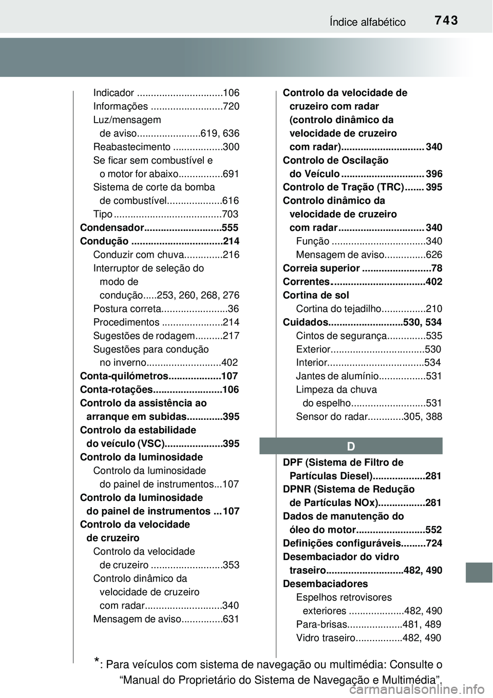 TOYOTA RAV4 2017 Manual de utilização (in Portuguese) 743Índice alfabético
Indicador ...............................106
Informações ..........................720
Luz/mensagem
de aviso.......................619, 636
Reabastecimento .................. TOYOTA RAV4 2017 Manual de utilização (in Portuguese) 743Índice alfabético
Indicador ...............................106
Informações ..........................720
Luz/mensagem
de aviso.......................619, 636
Reabastecimento ..................