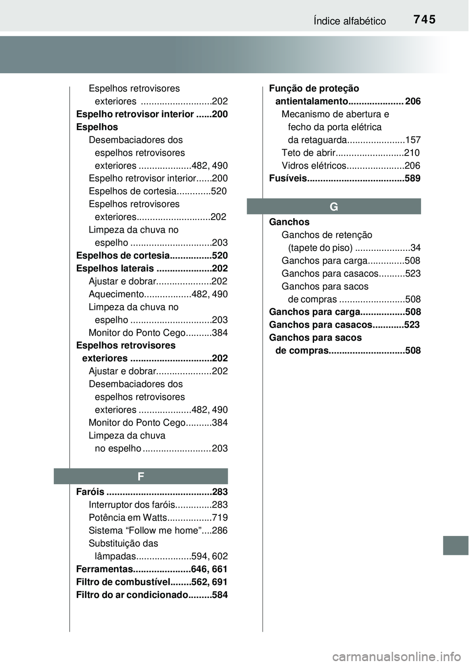 TOYOTA RAV4 2017 Manual de utilização (in Portuguese) 745Índice alfabético
Espelhos retrovisores
exteriores ...........................202
Espelho retrovisor interior ......200
Espelhos
Desembaciadores dos
espelhos retrovisores
exteriores .......... TOYOTA RAV4 2017 Manual de utilização (in Portuguese) 745Índice alfabético
Espelhos retrovisores
exteriores ...........................202
Espelho retrovisor interior ......200
Espelhos
Desembaciadores dos
espelhos retrovisores
exteriores ..........