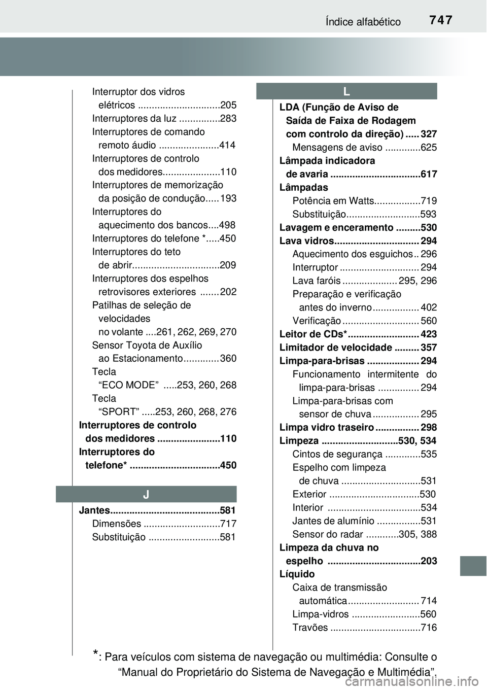 TOYOTA RAV4 2017 Manual de utilização (in Portuguese) 747Índice alfabético
Interruptor dos vidros
elétricos ..............................205
Interruptores da luz ...............283
Interruptores de comando
remoto áudio ......................414
In TOYOTA RAV4 2017 Manual de utilização (in Portuguese) 747Índice alfabético
Interruptor dos vidros
elétricos ..............................205
Interruptores da luz ...............283
Interruptores de comando
remoto áudio ......................414
In