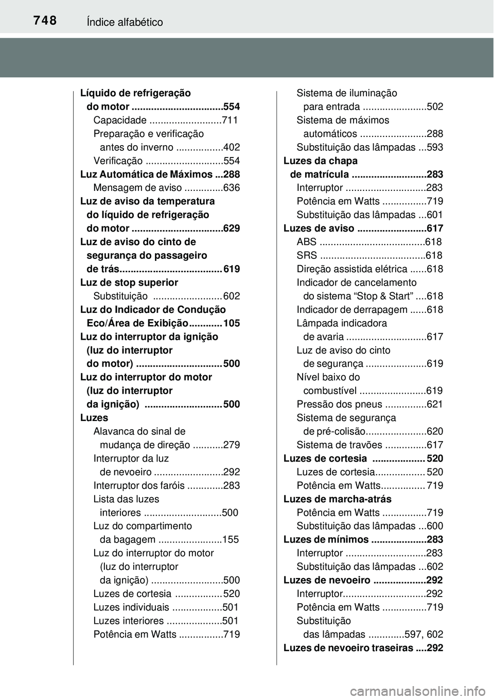 TOYOTA RAV4 2017 Manual de utilização (in Portuguese) 748Índice alfabético
Líquido de refrigeração
do motor .................................554
Capacidade ..........................711
Preparação e verificação
antes do inverno ............... TOYOTA RAV4 2017 Manual de utilização (in Portuguese) 748Índice alfabético
Líquido de refrigeração
do motor .................................554
Capacidade ..........................711
Preparação e verificação
antes do inverno ...............