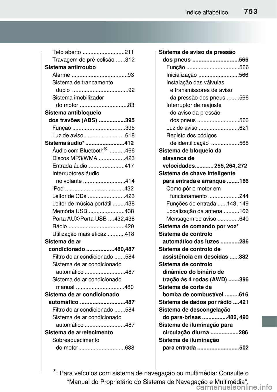 TOYOTA RAV4 2017 Manual de utilização (in Portuguese) 753Índice alfabético
Teto aberto ...........................211
Travagem de pré-colisão ......312
Sistema antirroubo
Alarme ....................................93
Sistema de trancamento
duplo .. TOYOTA RAV4 2017 Manual de utilização (in Portuguese) 753Índice alfabético
Teto aberto ...........................211
Travagem de pré-colisão ......312
Sistema antirroubo
Alarme ....................................93
Sistema de trancamento
duplo ..