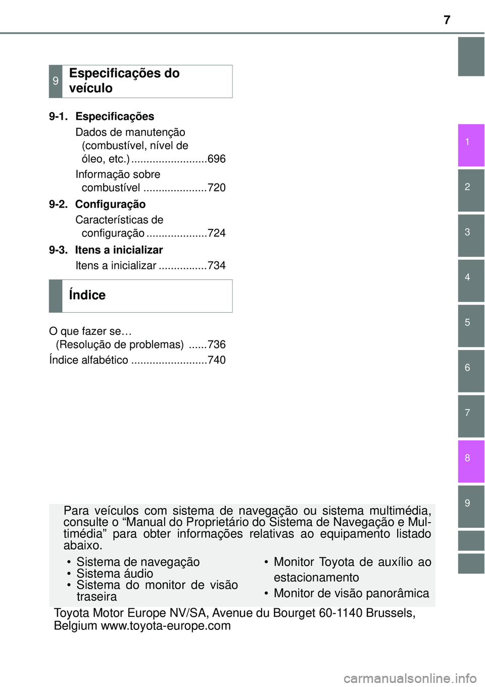 TOYOTA RAV4 2017  Manual de utilização (in Portuguese) 9 8
7
1
7 6
5
4
3
2
9-1. Especificações
Dados de manutenção 
(combustível, nível de 
óleo, etc.) .........................696
Informação sobre 
combustível .....................720
9-2. Conf