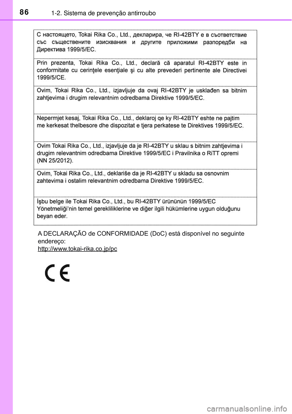 TOYOTA RAV4 2017 Manual de utilização (in Portuguese) 861-2. Sistema de prevenção antirroubo
A DECLARAÇÃO de CONFORMIDADE (DoC) está disponível no seguinte
endereço:
http://www.tokai-rika.co.jp/pc TOYOTA RAV4 2017 Manual de utilização (in Portuguese) 861-2. Sistema de prevenção antirroubo
A DECLARAÇÃO de CONFORMIDADE (DoC) está disponível no seguinte
endereço:
http://www.tokai-rika.co.jp/pc