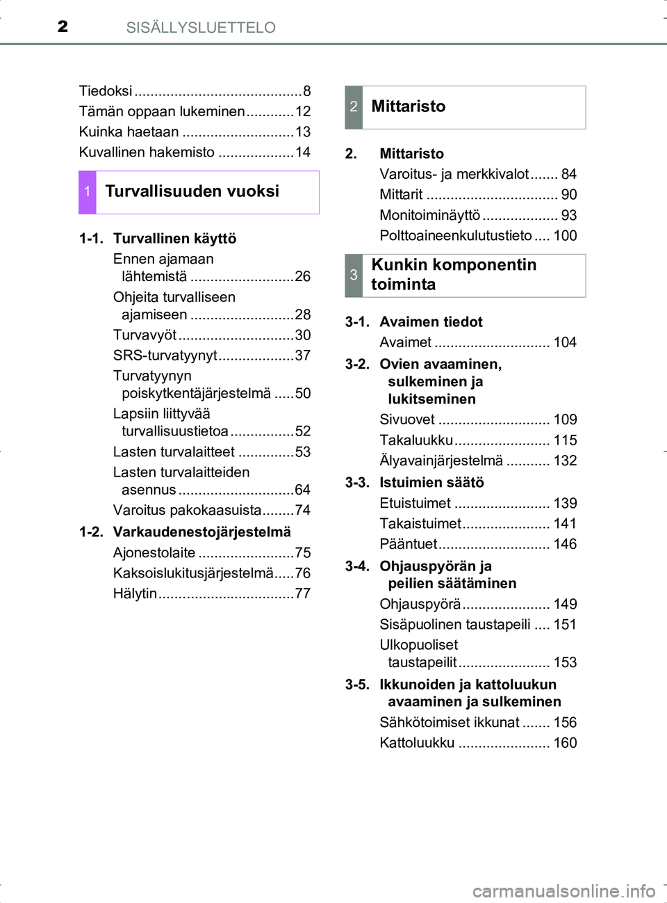TOYOTA RAV4 2017 Omistajan Käsikirja (in Finnish) SISÄLLYSLUETTELO2
OM42753FITiedoksi ..........................................8
Tämän oppaan lukeminen ............12
Kuinka haetaan ............................13
Kuvallinen hakemisto ............ TOYOTA RAV4 2017 Omistajan Käsikirja (in Finnish) SISÄLLYSLUETTELO2
OM42753FITiedoksi ..........................................8
Tämän oppaan lukeminen ............12
Kuinka haetaan ............................13
Kuvallinen hakemisto ............